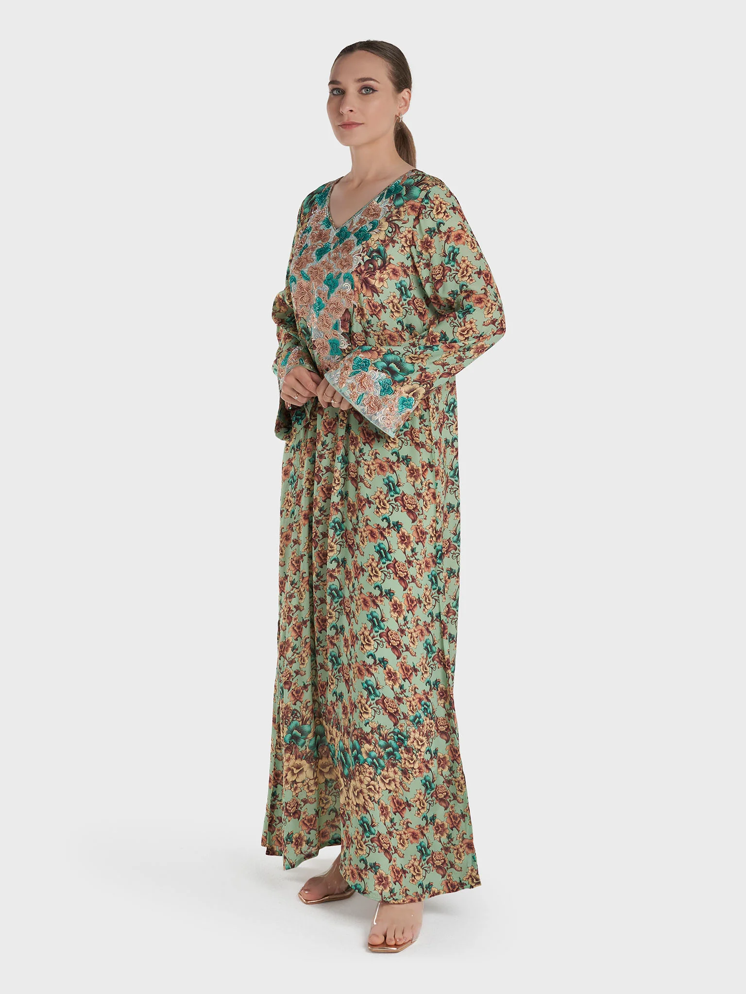 Pistachio Colour Floral Print Viscose Stonework Jalabiya (VG3128A) - Image 3