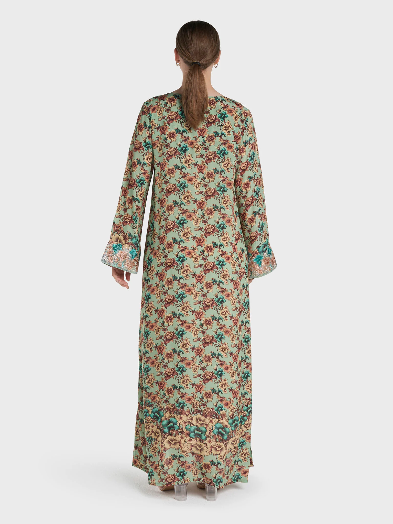 Pistachio Colour Floral Print Viscose Stonework Jalabiya (VG3128A) - Image 4