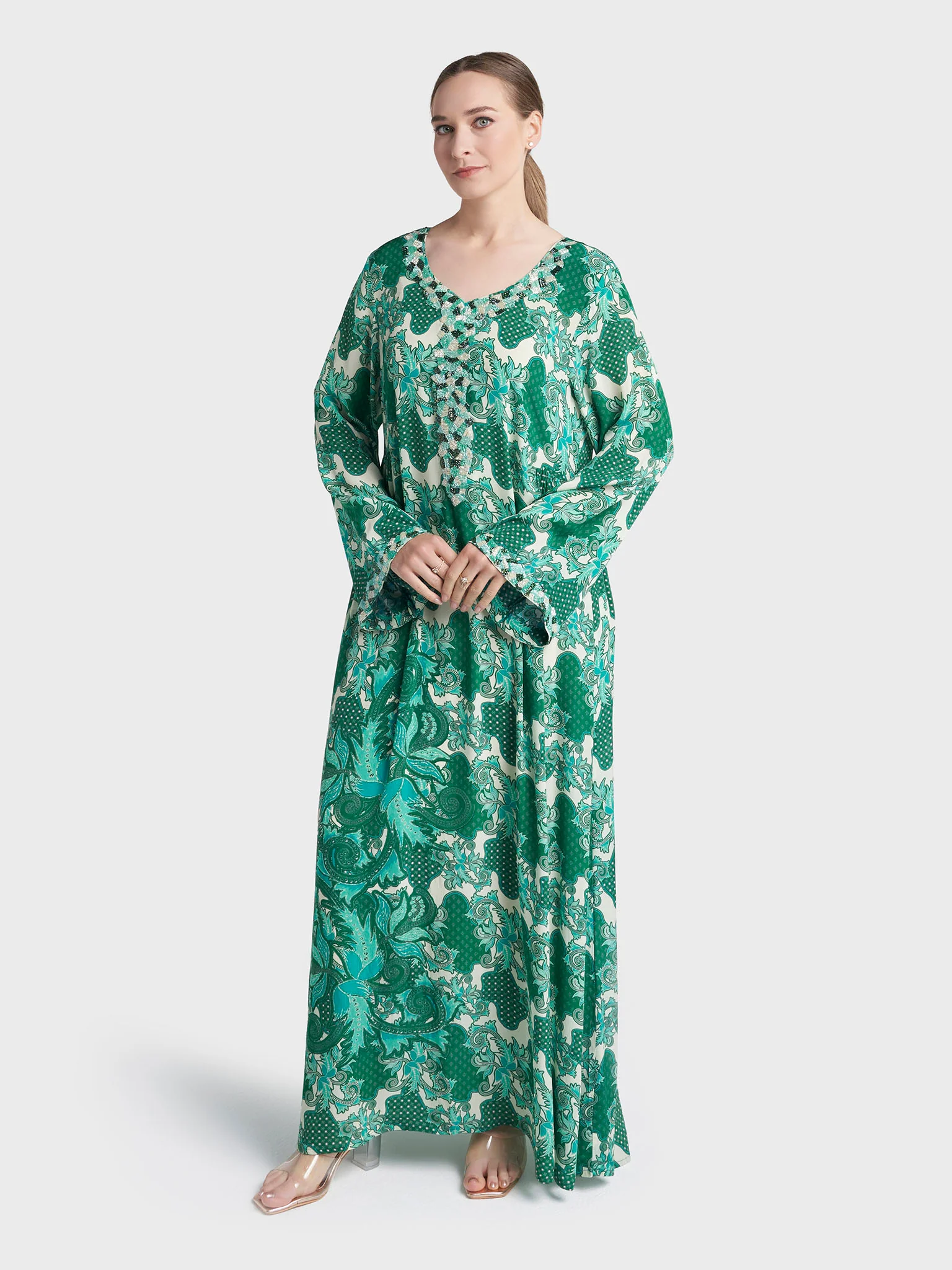 Green Colour Hand Work Viscose Crepe Vine Printed Jalabiya (VG3139) - Image 3