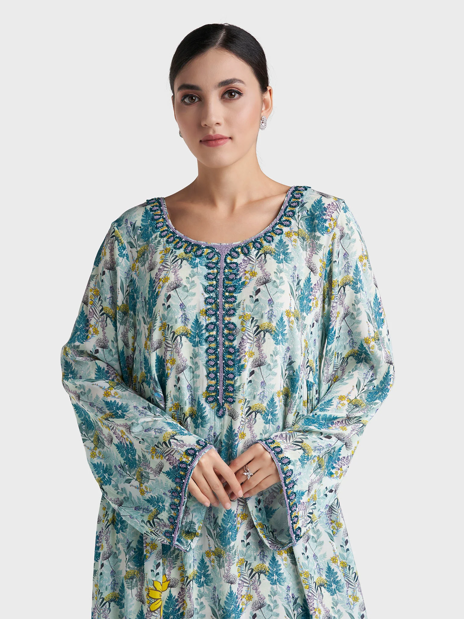 Teal Botanical Print Hand Work Viscose Crepe Kuwaiti Jalabiya (VG3142)