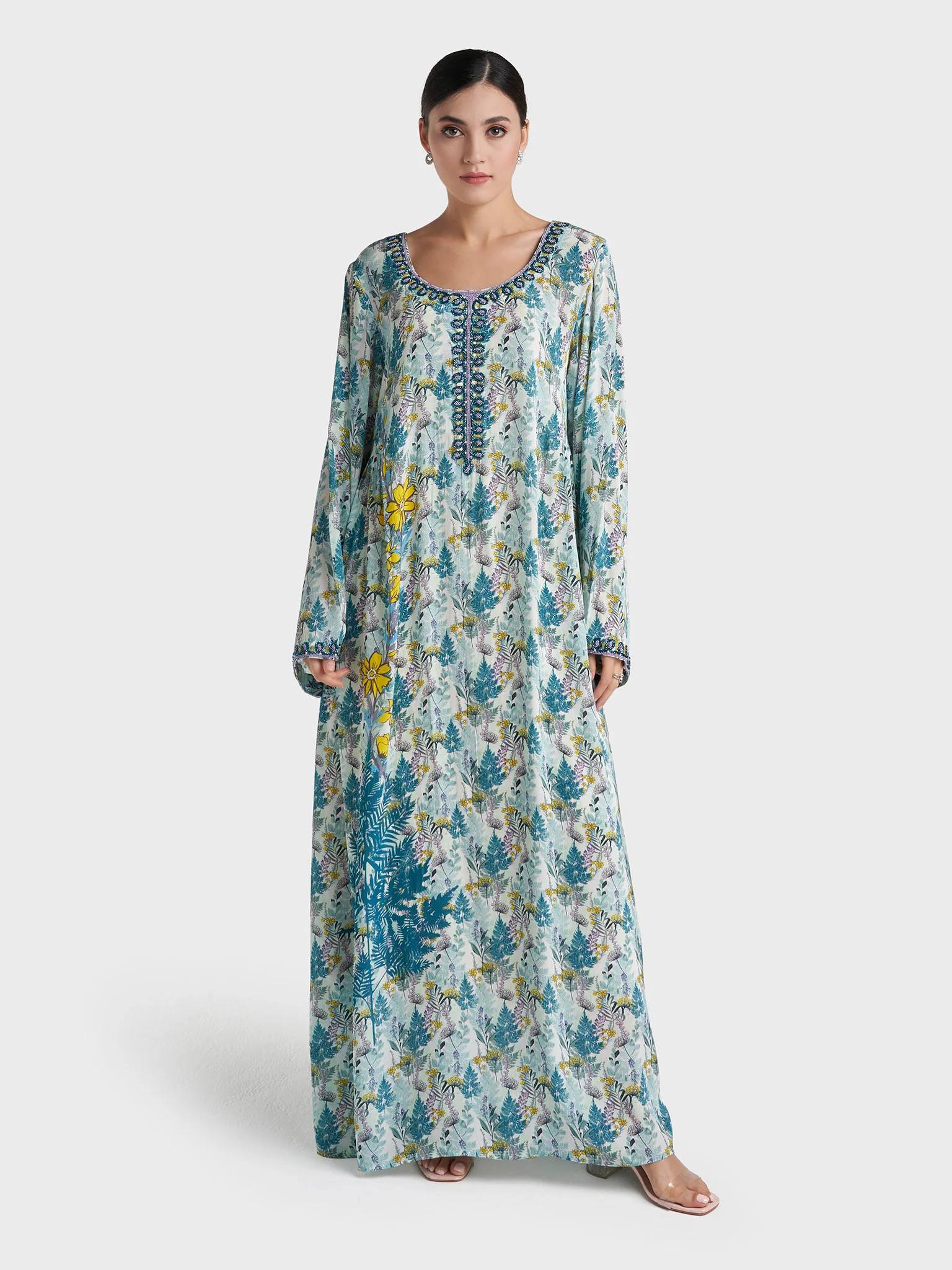 Teal Botanical Print Hand Work Viscose Crepe Kuwaiti Jalabiya (VG3142) - Image 2