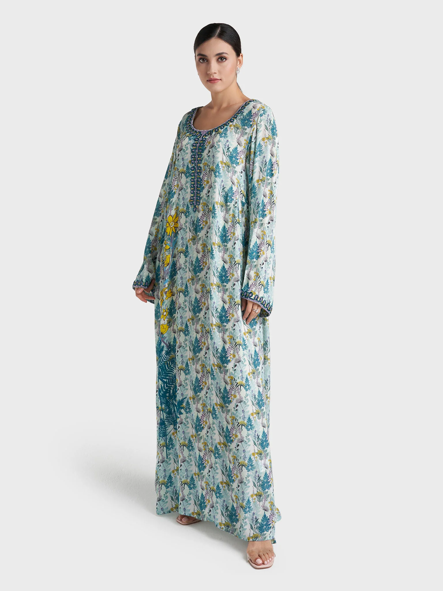 Teal Botanical Print Hand Work Viscose Crepe Kuwaiti Jalabiya (VG3142) - Image 3