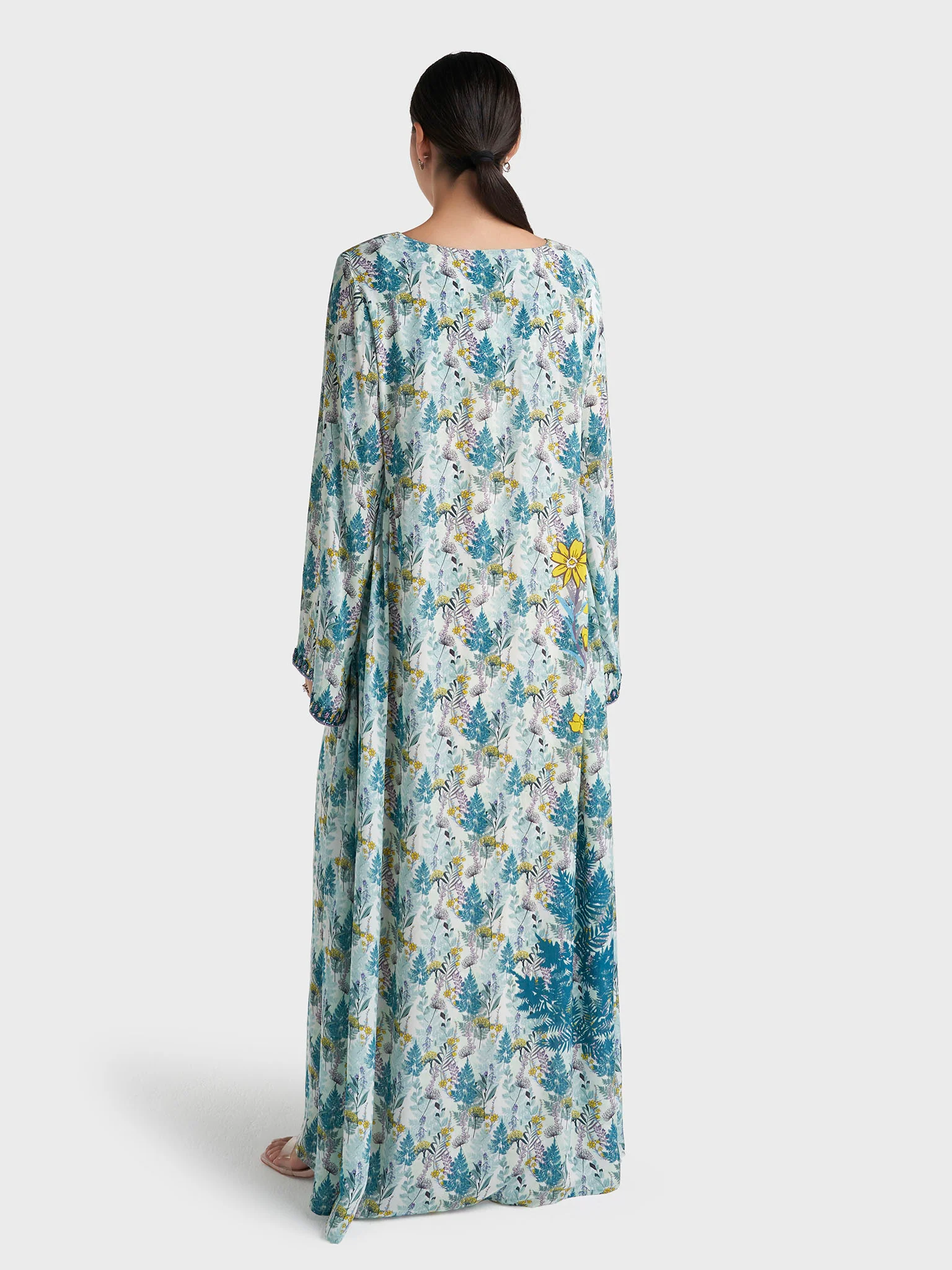Teal Botanical Print Hand Work Viscose Crepe Kuwaiti Jalabiya (VG3142) - Image 4