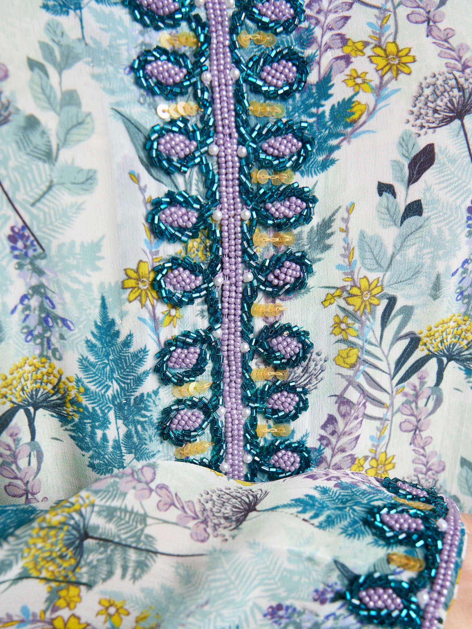Teal Botanical Print Hand Work Viscose Crepe Kuwaiti Jalabiya (VG3142) - Image 5