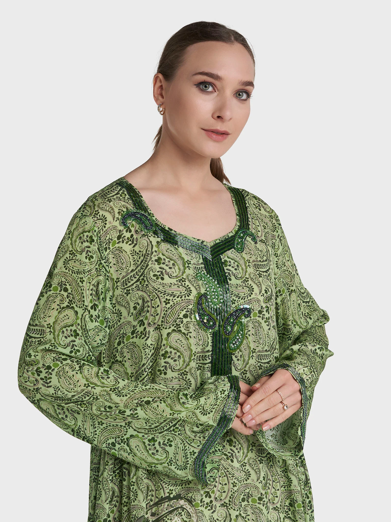 Parrot Green Colour Hand Work Viscose Crepe Paisley Printed Jalabiya (VG3143)