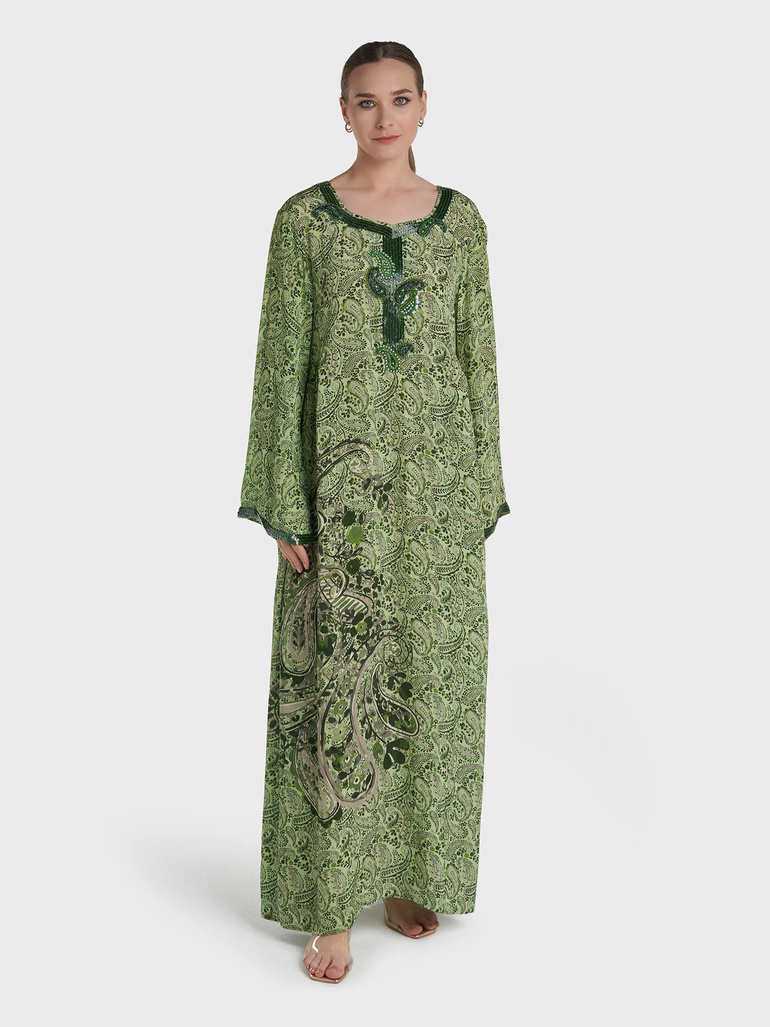 Parrot Green Colour Hand Work Viscose Crepe Paisley Printed Jalabiya (VG3143) - Image 2