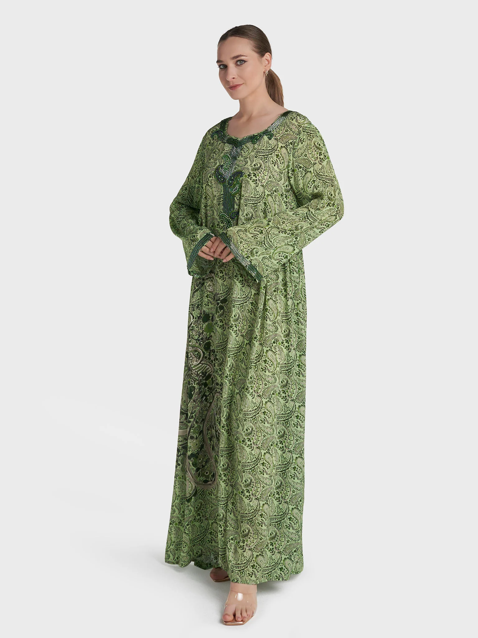 Parrot Green Colour Hand Work Viscose Crepe Paisley Printed Jalabiya (VG3143) - Image 3