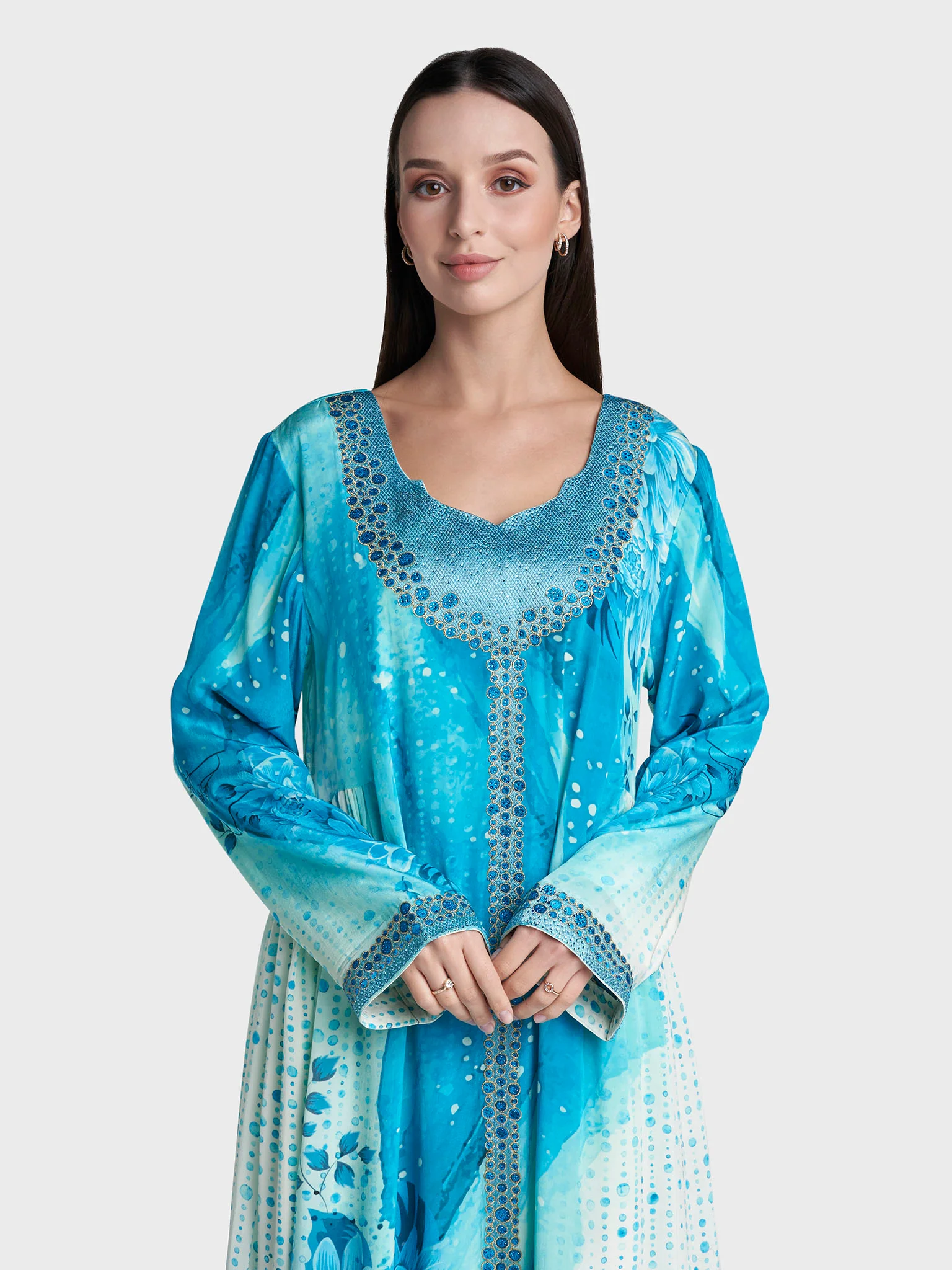 Teal Colour Geometric Print Viscose Crepe Stone Work Jalabiya (VG3300)