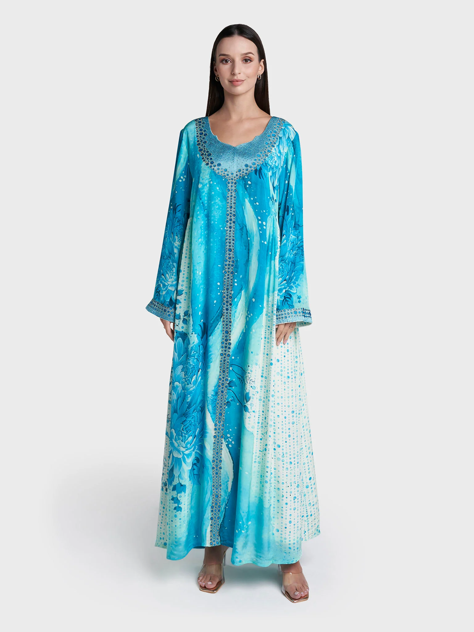 Teal Colour Geometric Print Viscose Crepe Stone Work Jalabiya (VG3300) - Image 2