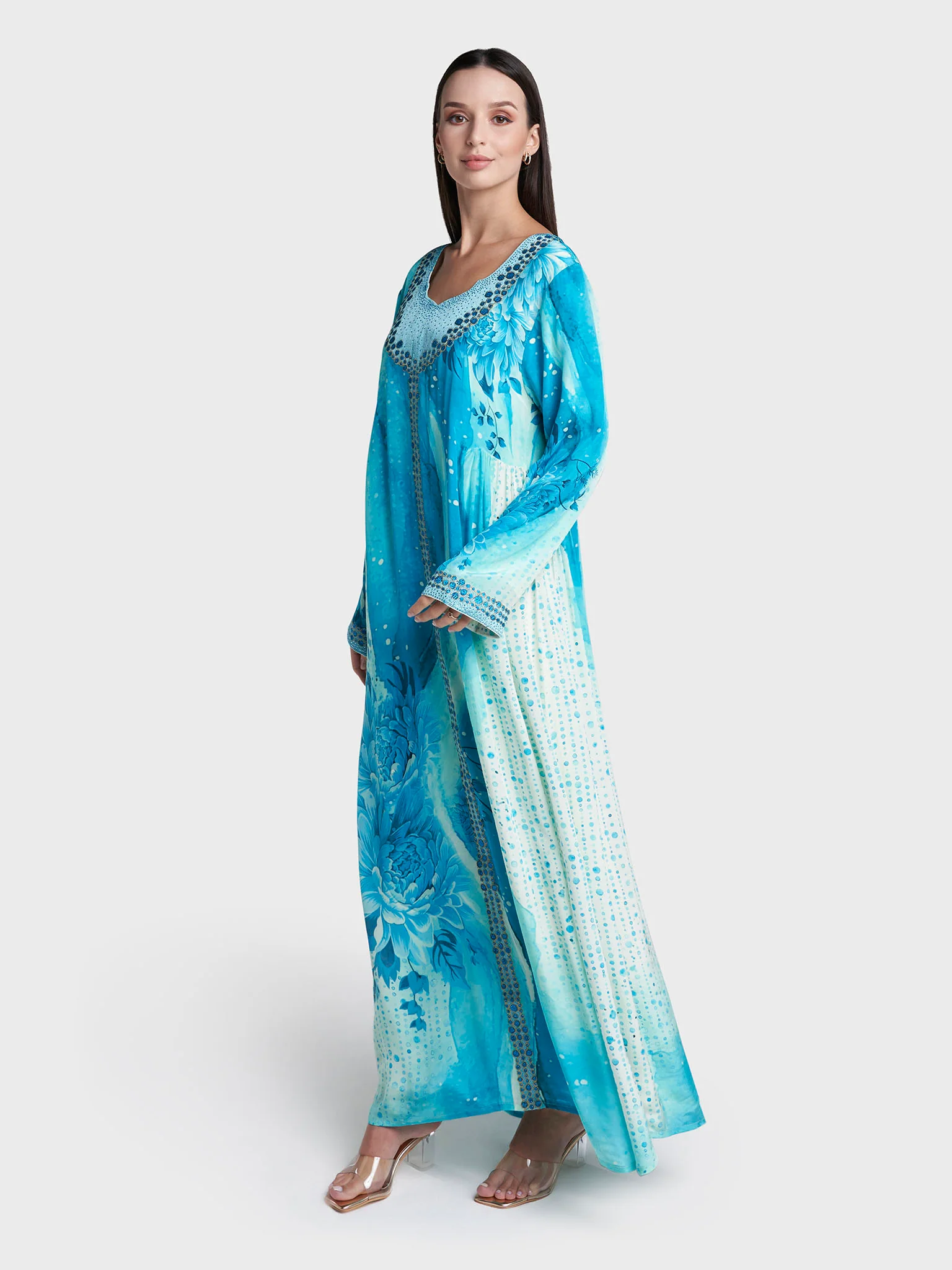 Teal Colour Geometric Print Viscose Crepe Stone Work Jalabiya (VG3300) - Image 3