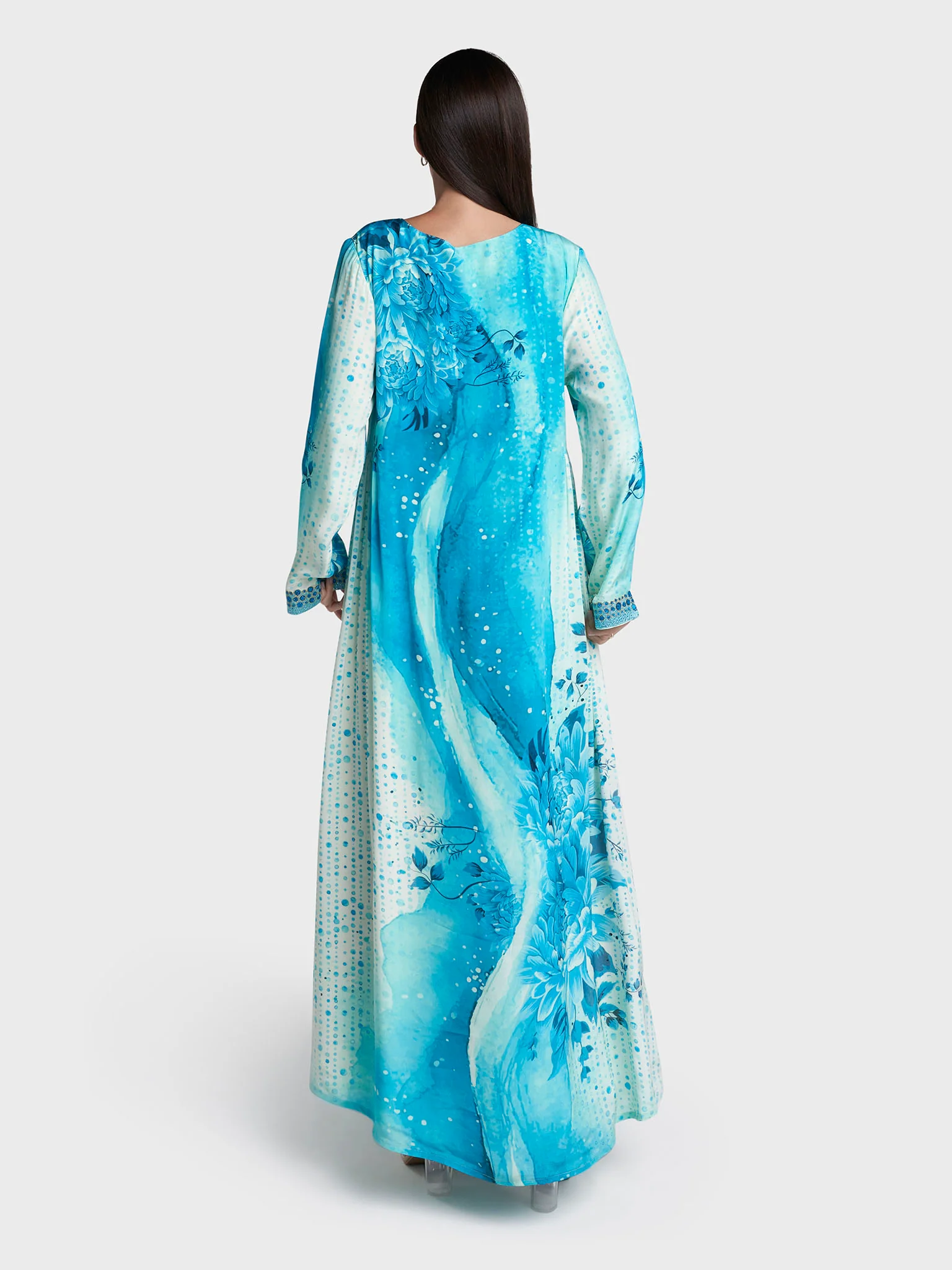 Teal Colour Geometric Print Viscose Crepe Stone Work Jalabiya (VG3300) - Image 4