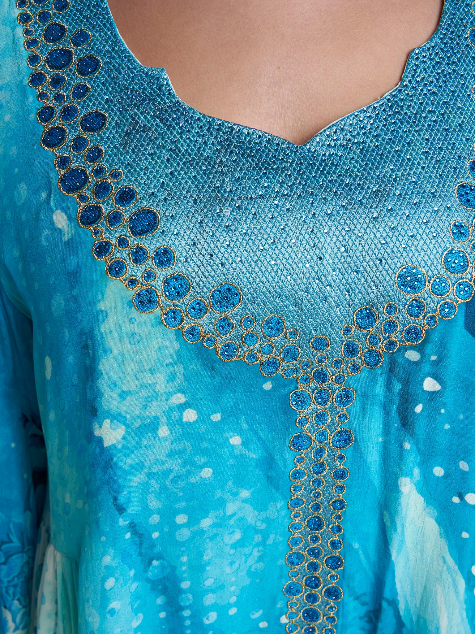 Teal Colour Geometric Print Viscose Crepe Stone Work Jalabiya (VG3300) - Image 5