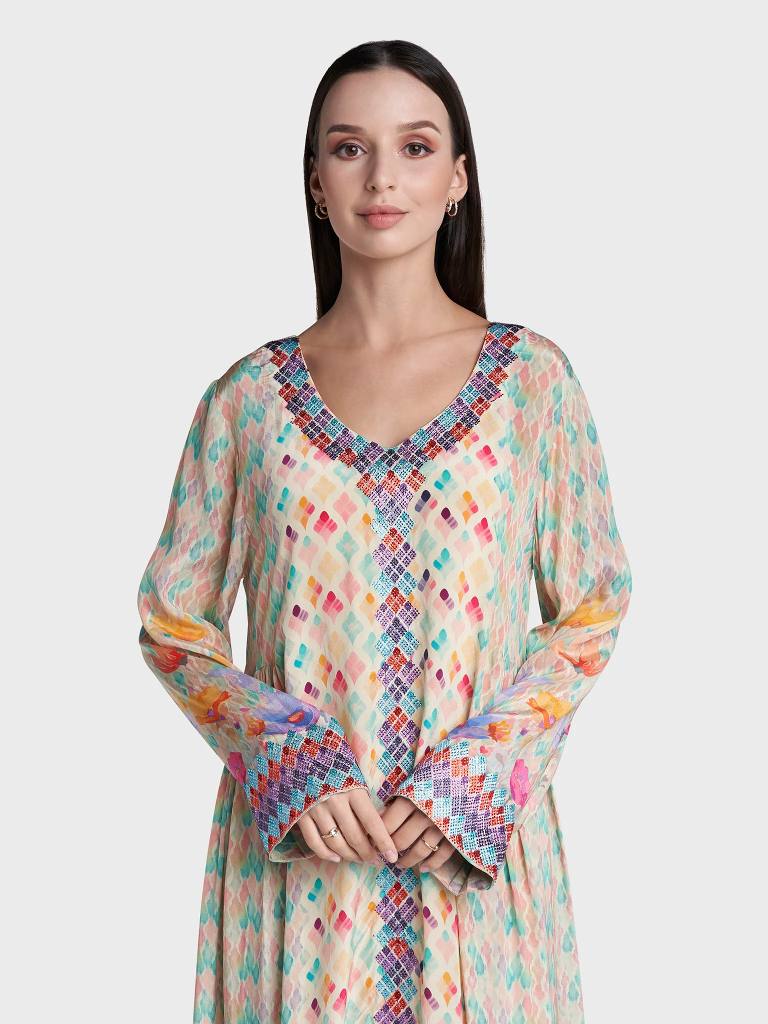 Multi Colour Geometric Print Viscose Crepe Stone Work Jalabiya (VG3301)