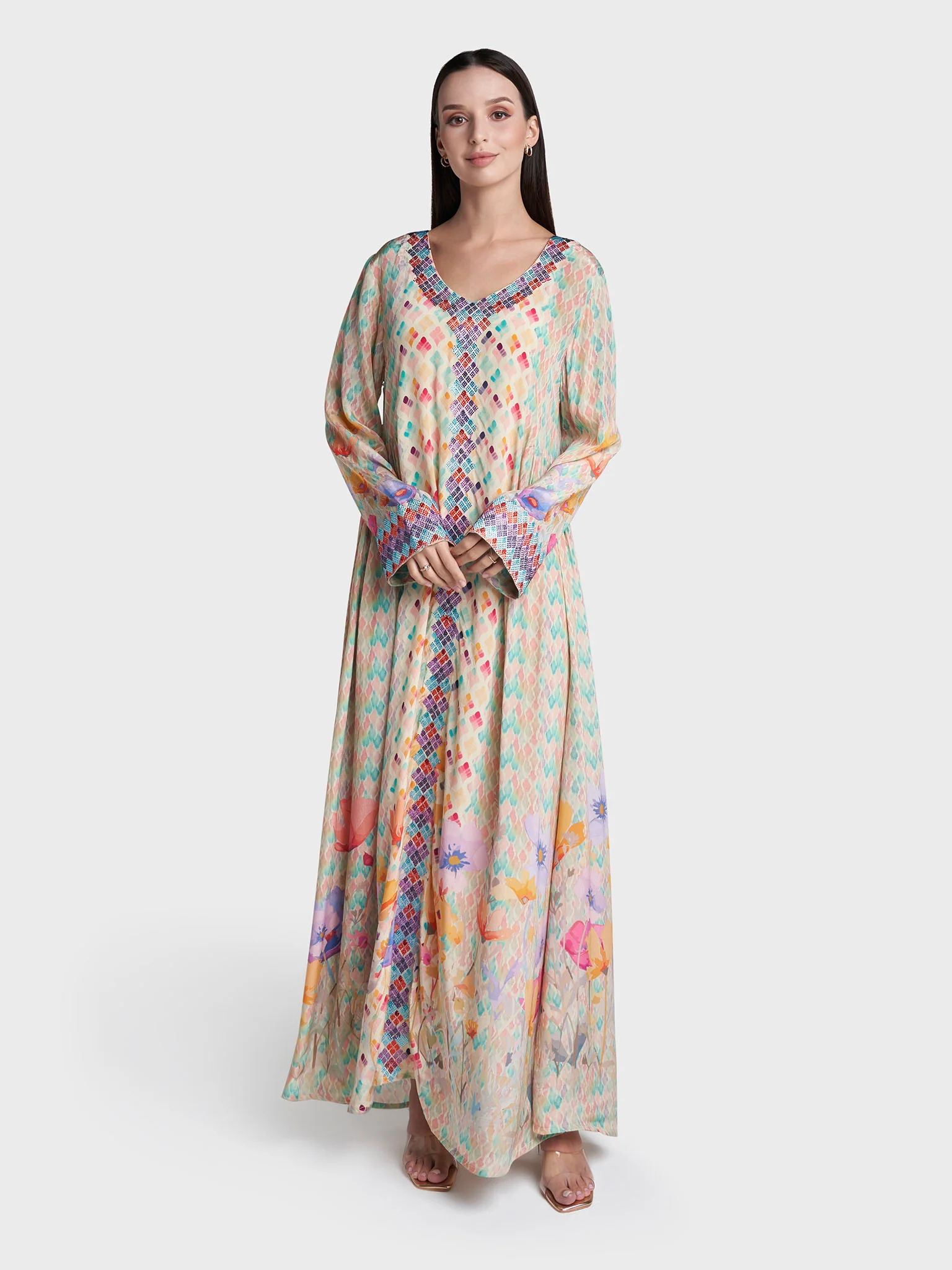 Multi Colour Geometric Print Viscose Crepe Stone Work Jalabiya (VG3301) - Image 2
