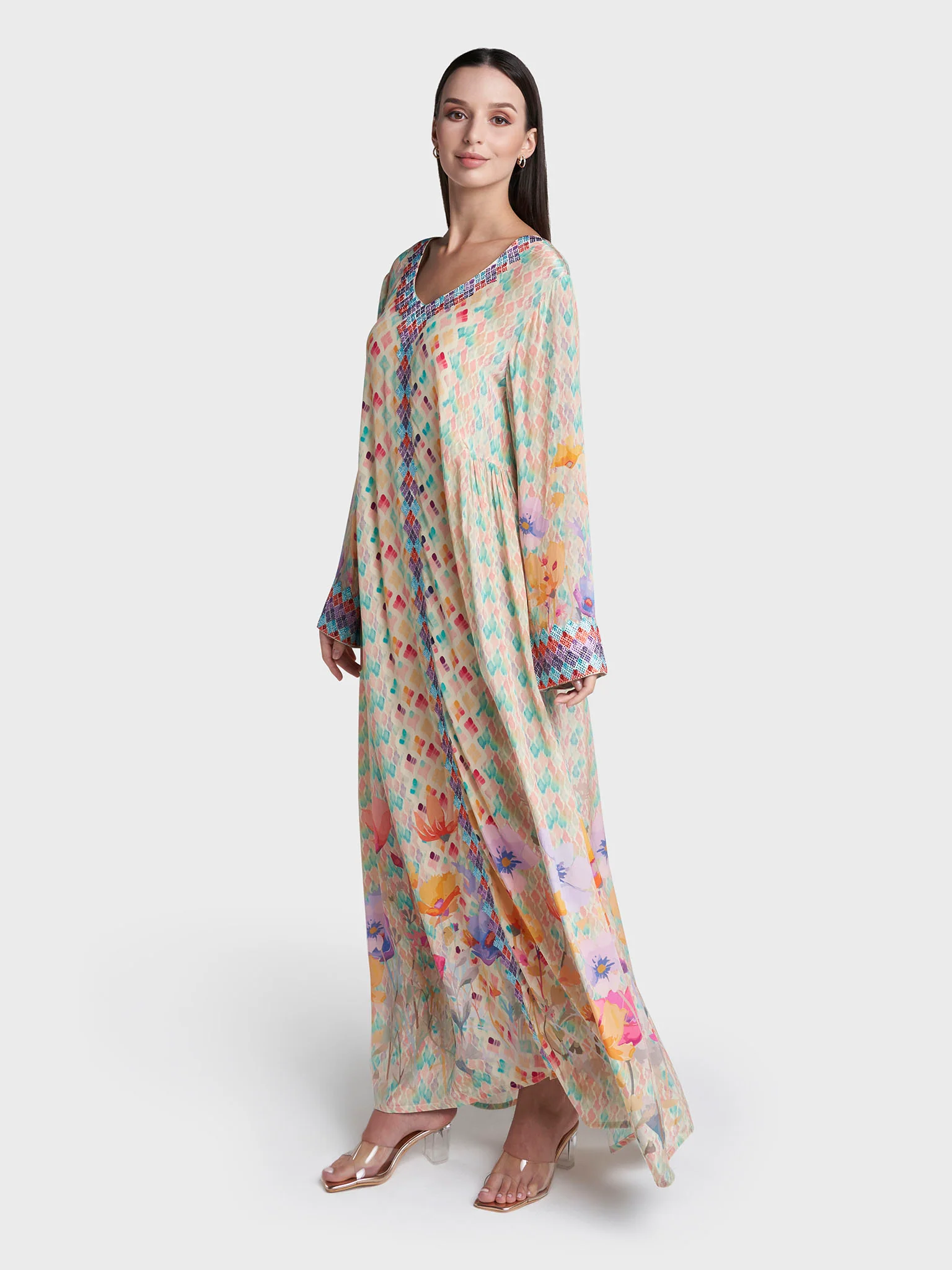 Multi Colour Geometric Print Viscose Crepe Stone Work Jalabiya (VG3301) - Image 3