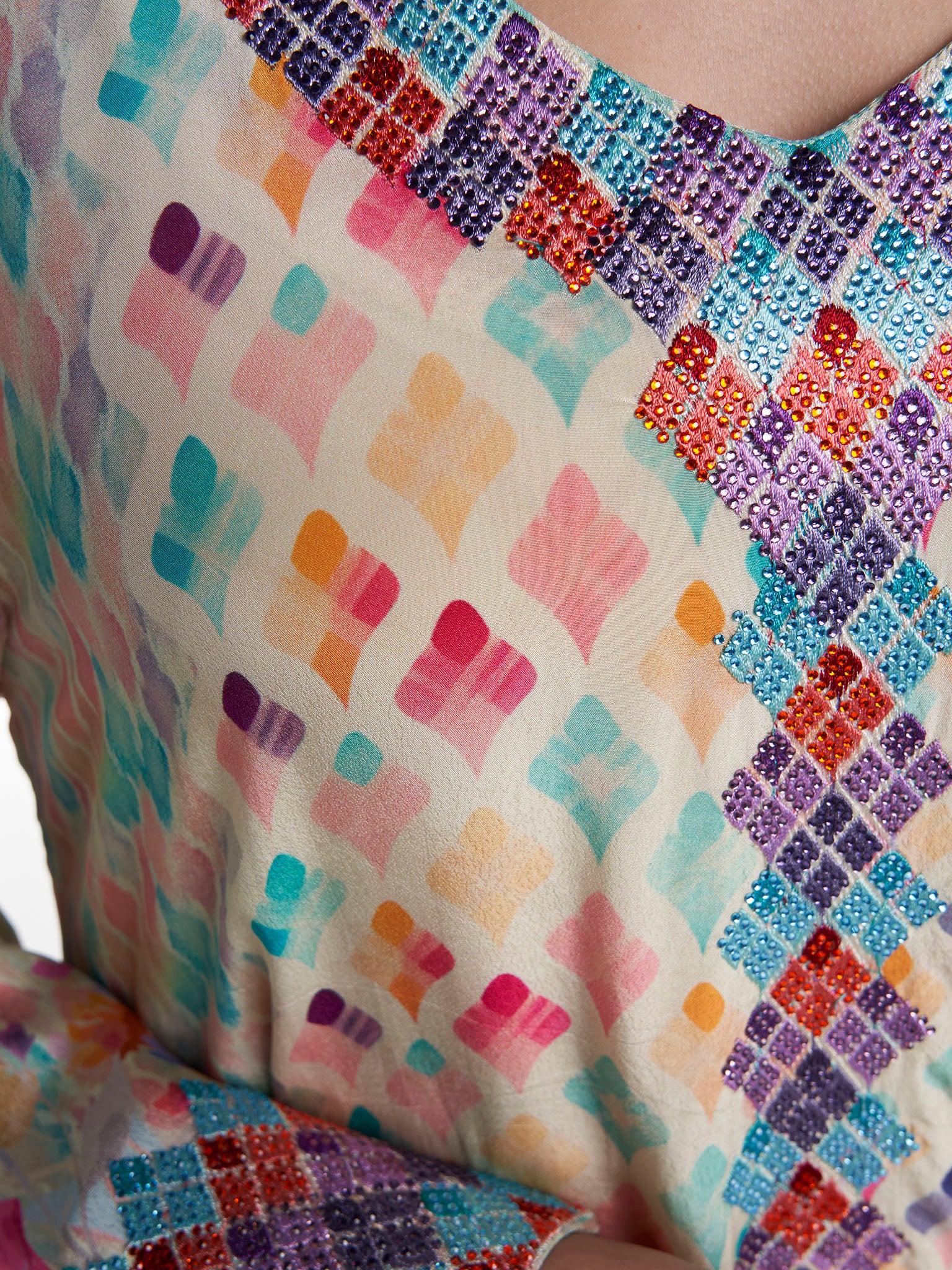 Multi Colour Geometric Print Viscose Crepe Stone Work Jalabiya (VG3301) - Image 5