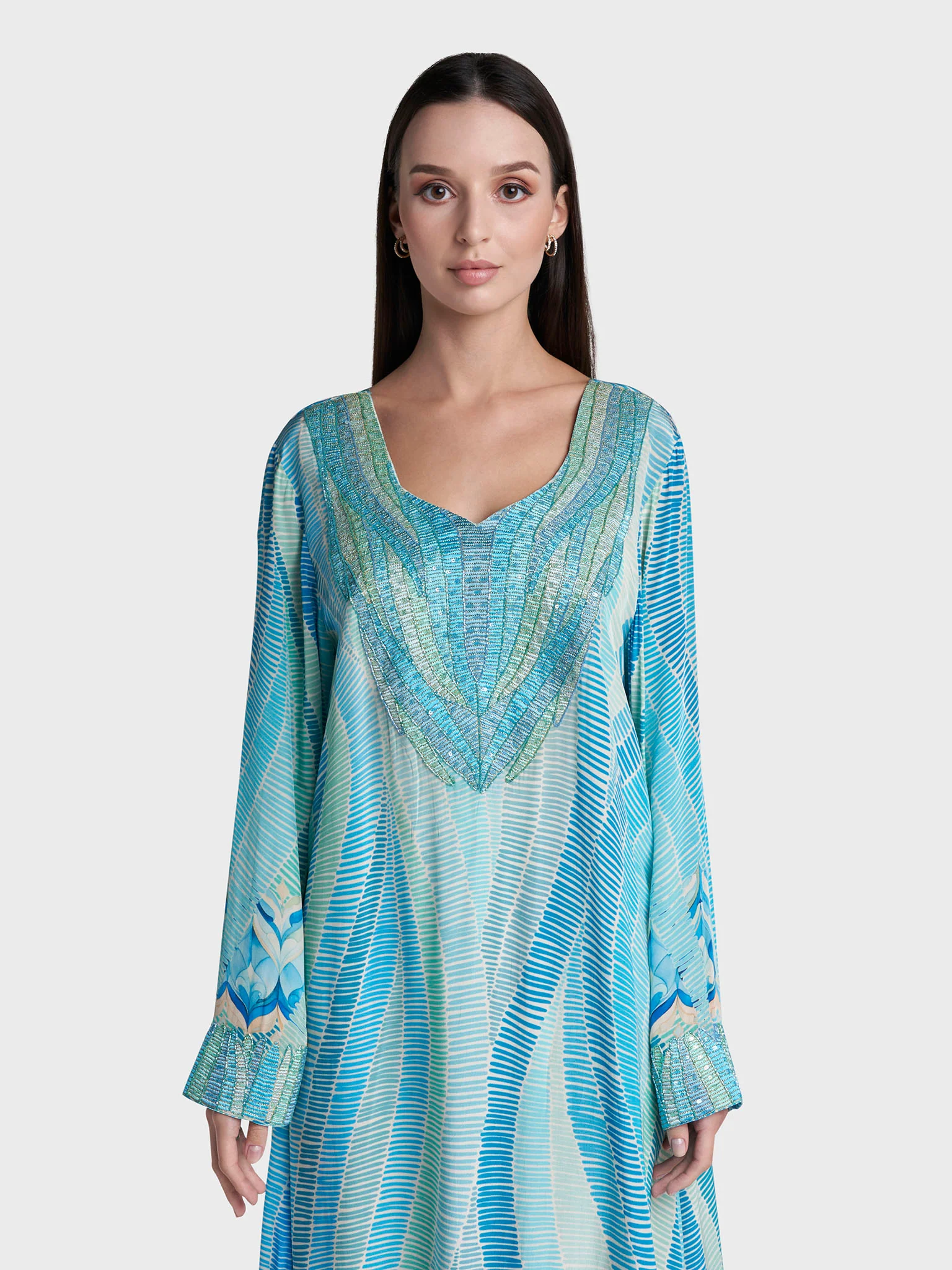 Blue Colour Geometric Print Viscose Crepe Hand Work Jalabiya (VG3390)
