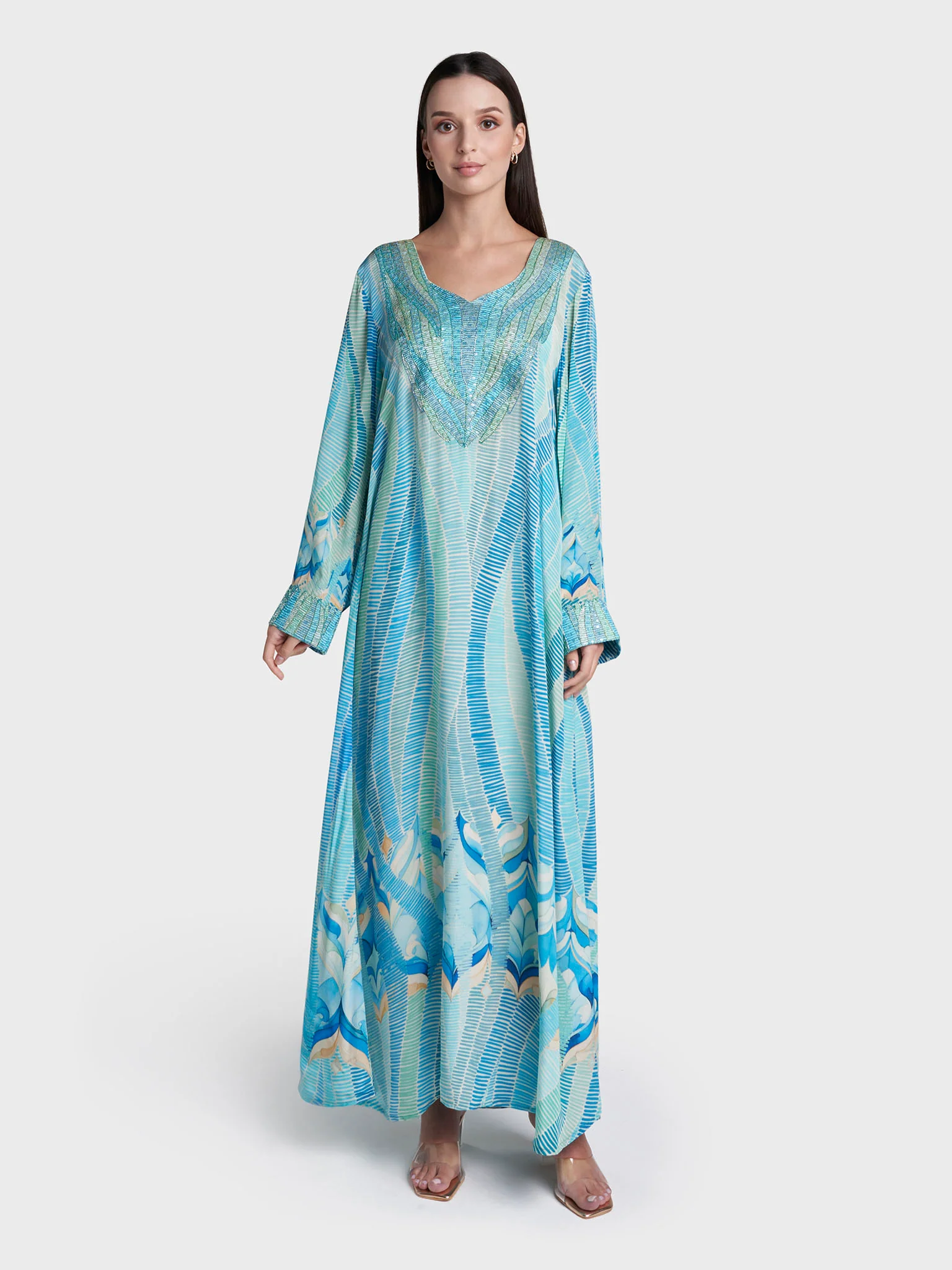 Blue Colour Geometric Print Viscose Crepe Hand Work Jalabiya (VG3390) - Image 2