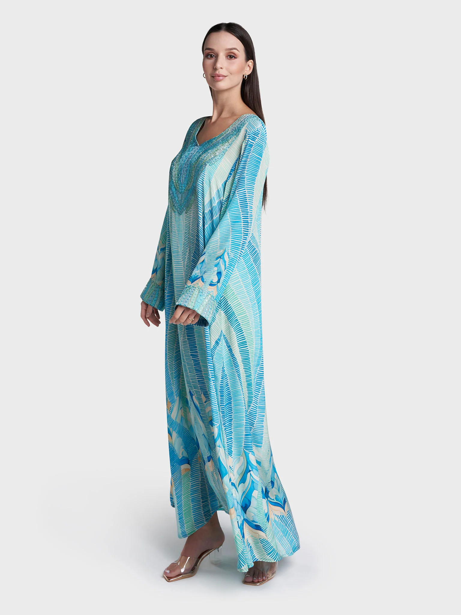 Blue Colour Geometric Print Viscose Crepe Hand Work Jalabiya (VG3390) - Image 3