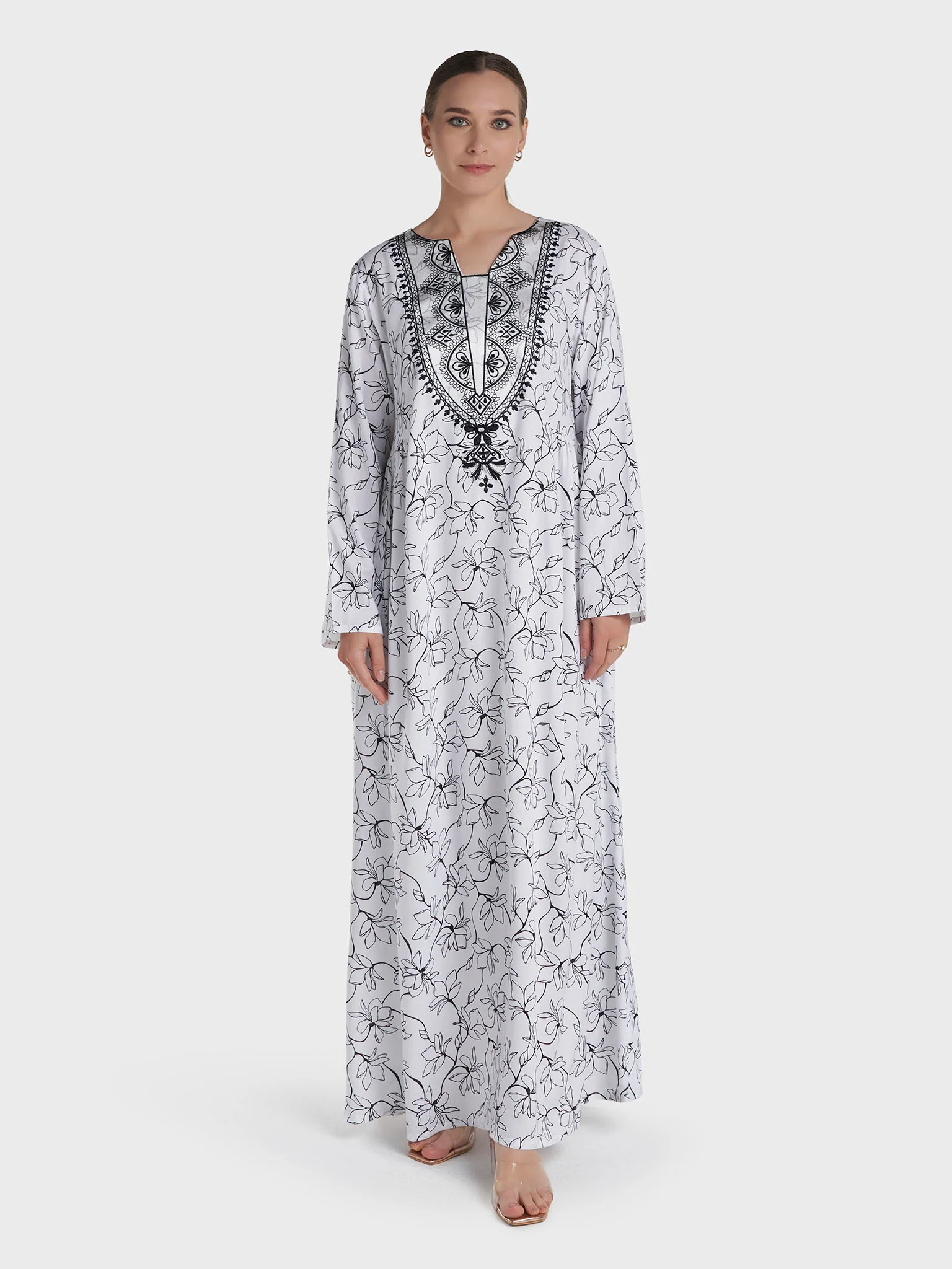 White Colour Machine Embroidery Rayon Floral Printed Jalabiya (VW503) - Image 2