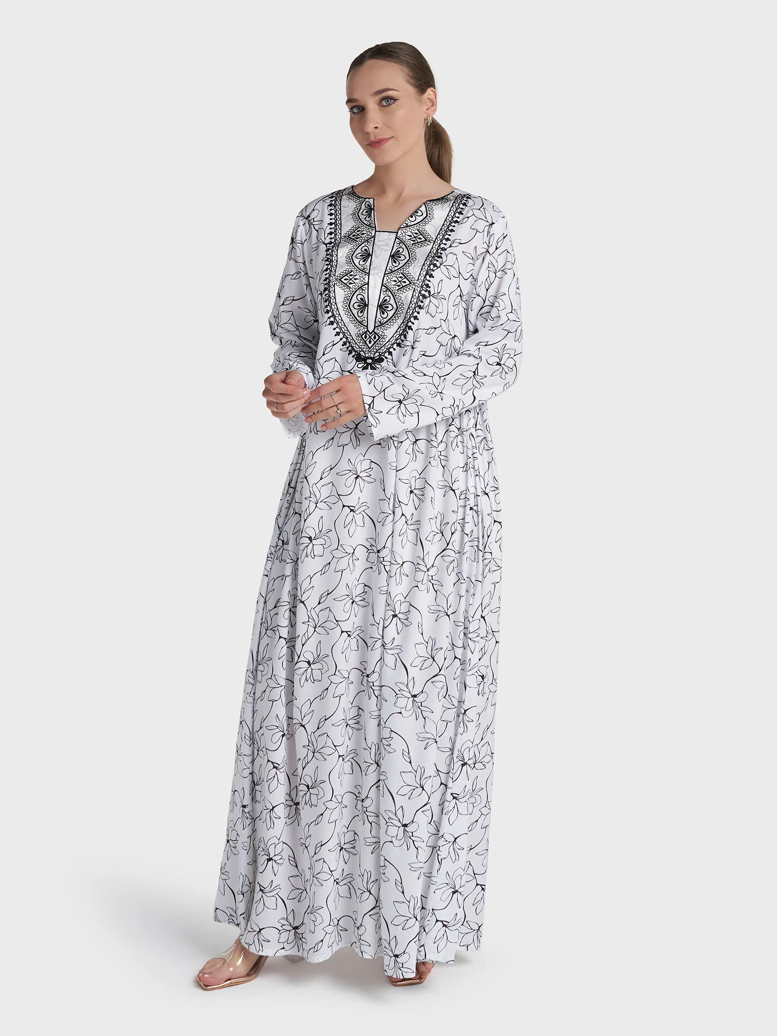 White Colour Machine Embroidery Rayon Floral Printed Jalabiya (VW503) - Image 3