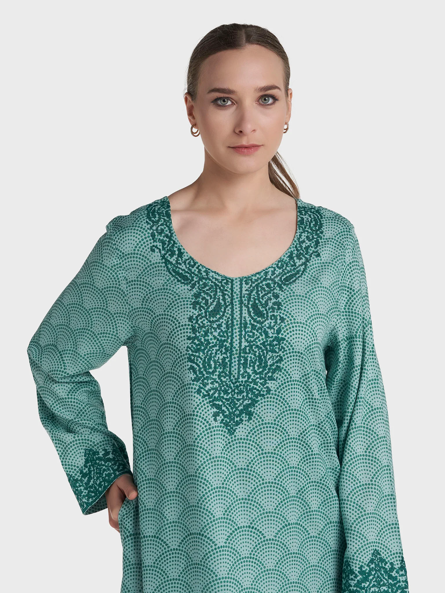 Dusty Green Colour Cross Stitched Rayon Abstract Printed Jalabiya (VG3120)