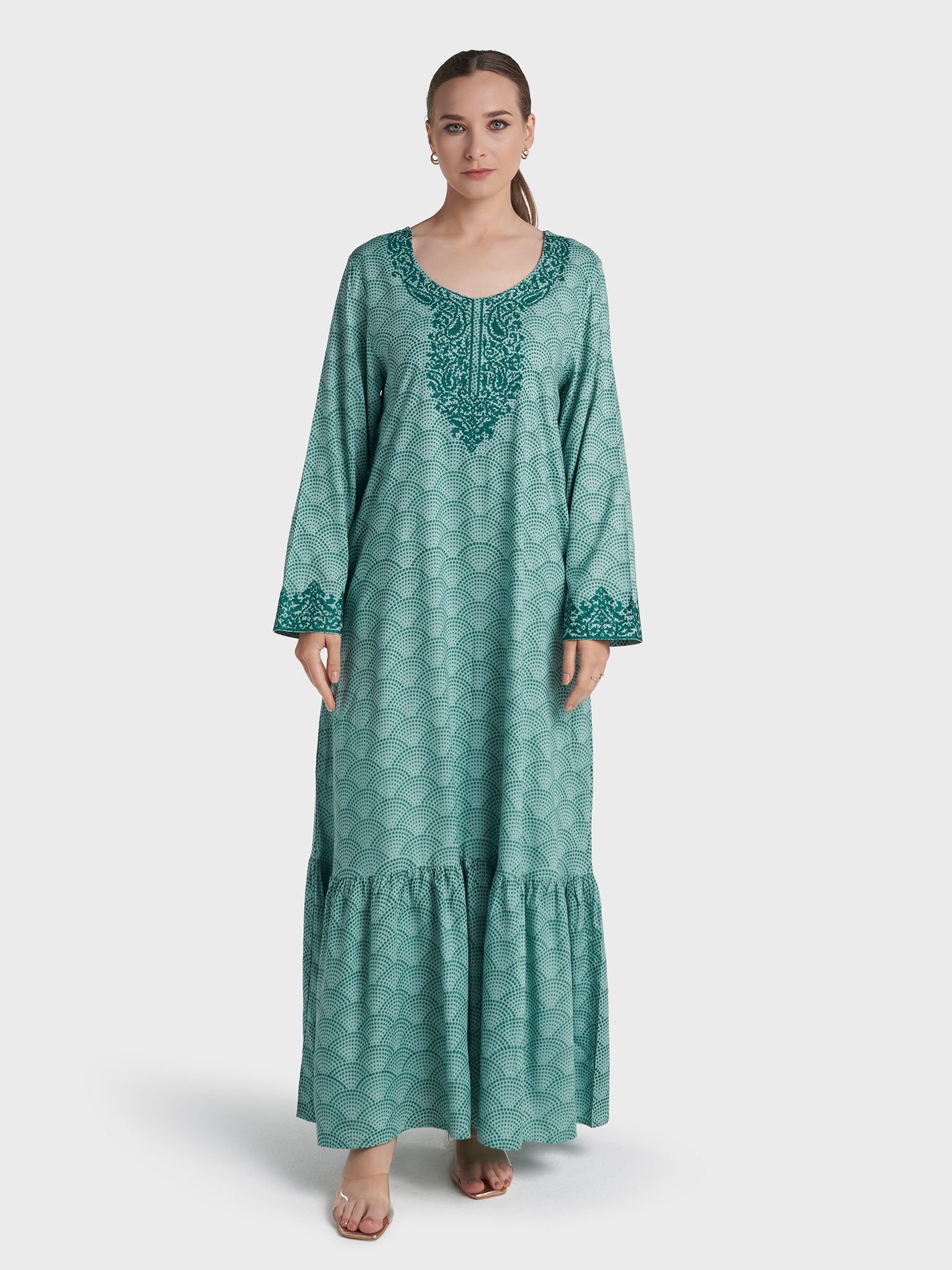 Dusty Green Colour Cross Stitched Rayon Abstract Printed Jalabiya (VG3120) - Image 2