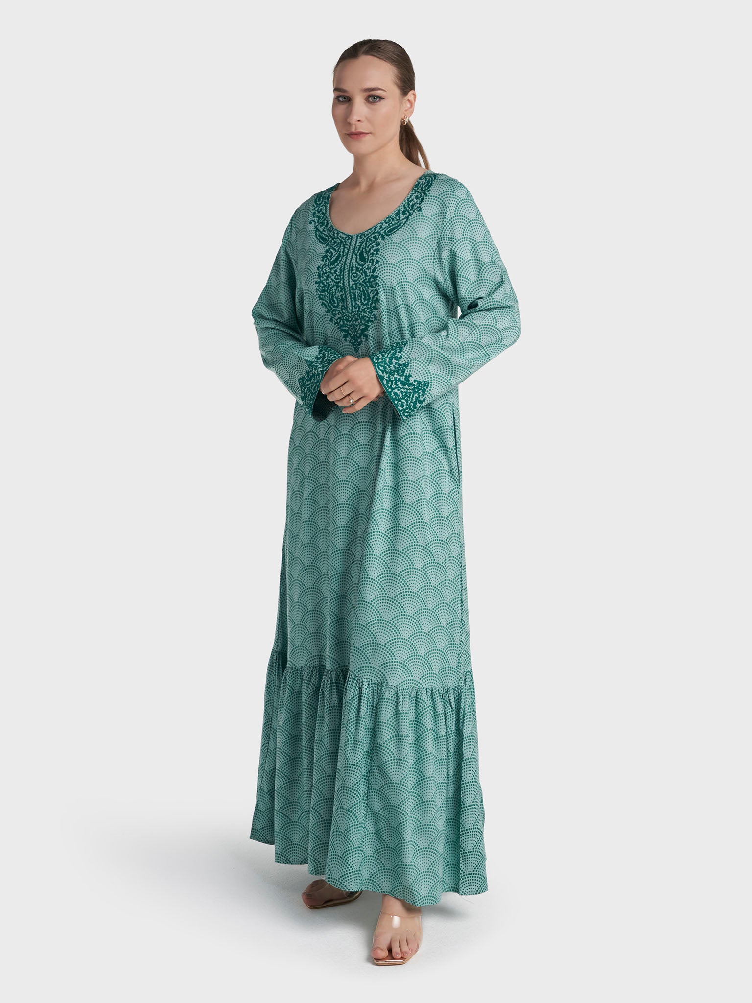 Dusty Green Colour Cross Stitched Rayon Abstract Printed Jalabiya (VG3120) - Image 3