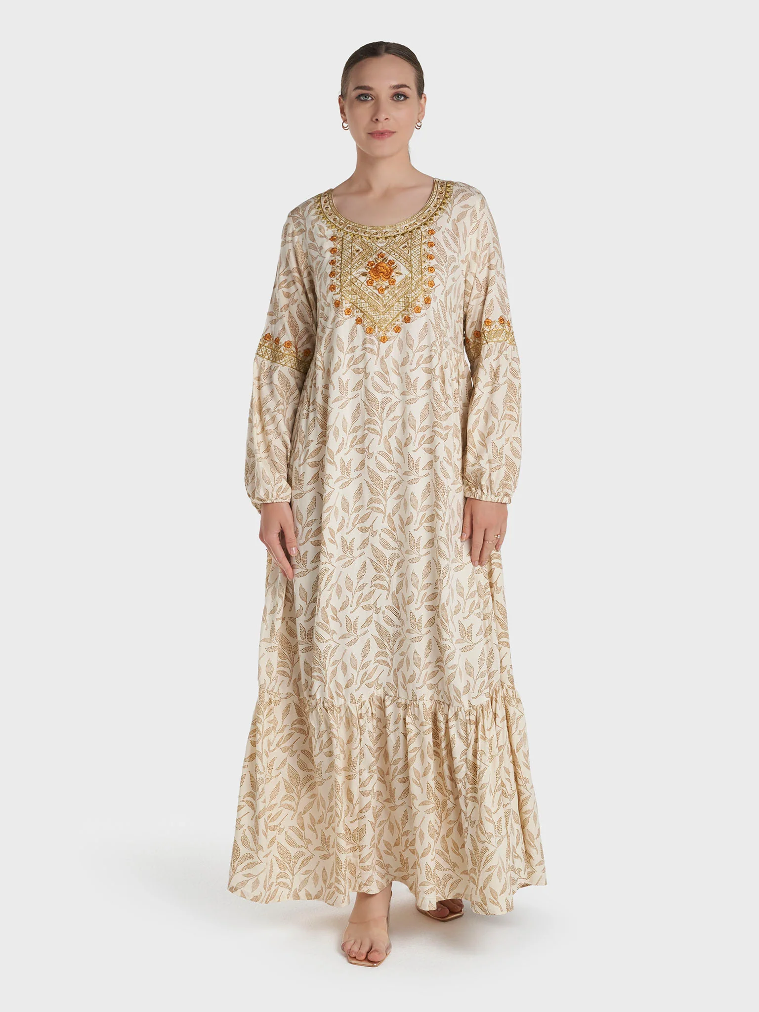Cream Colour Machine Embroidery Rayon Leaf Printed Jalabiya (VG3180) - Image 2