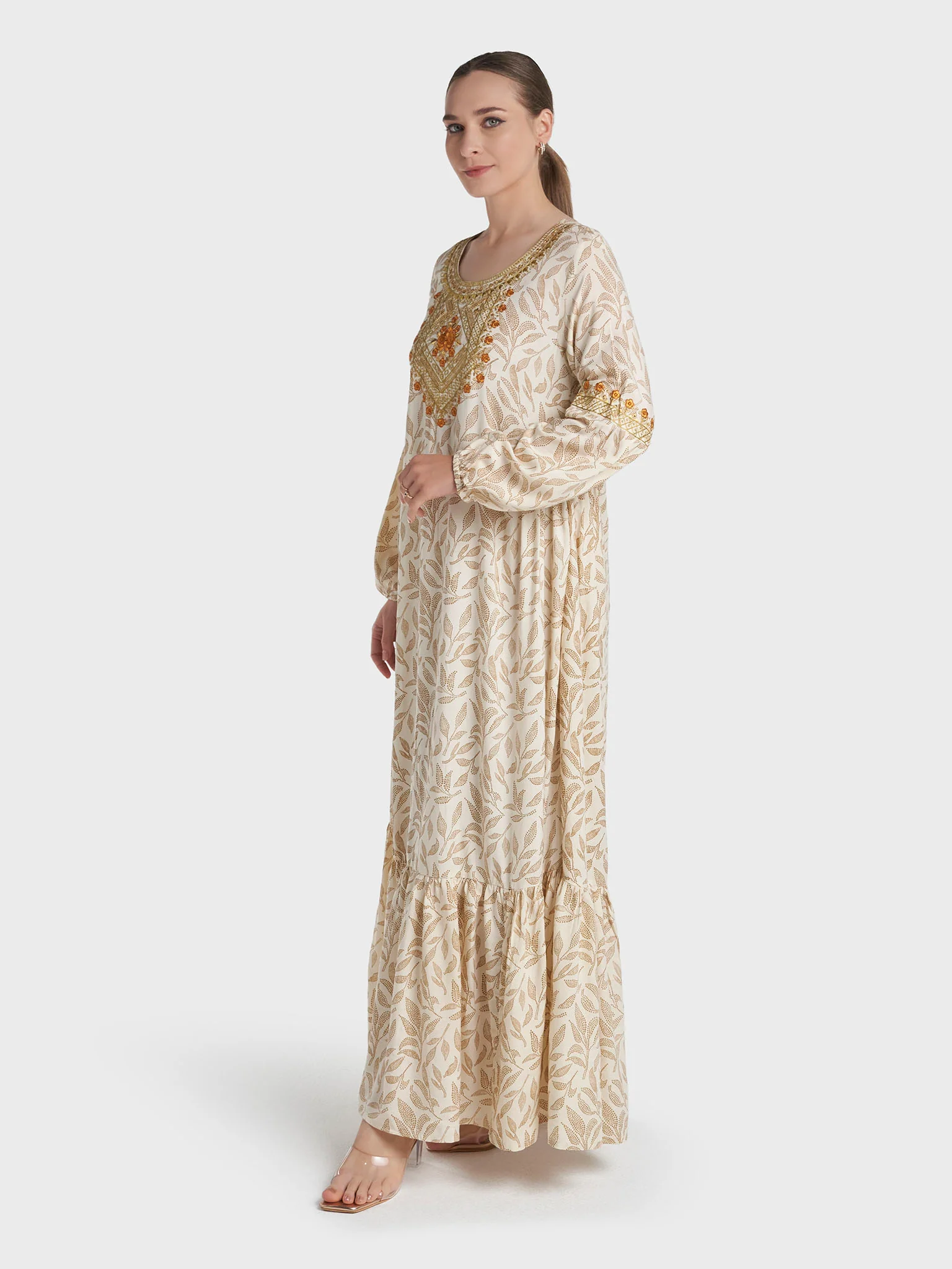 Cream Colour Machine Embroidery Rayon Leaf Printed Jalabiya (VG3180) - Image 3