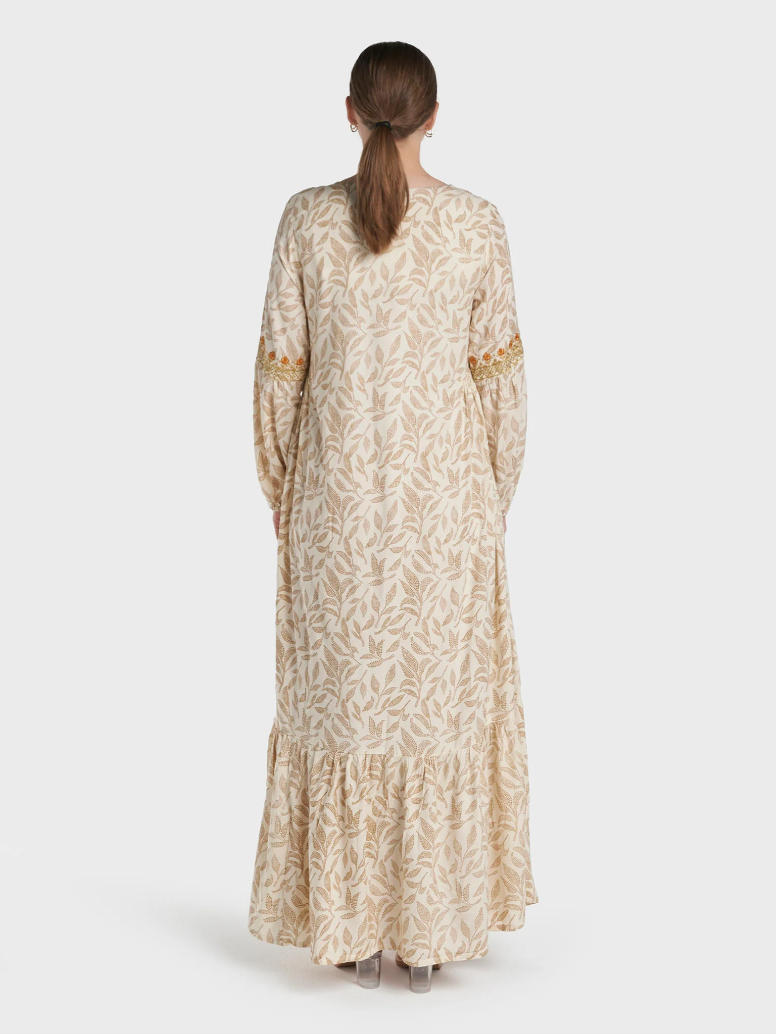 Cream Colour Machine Embroidery Rayon Leaf Printed Jalabiya (VG3180) - Image 4