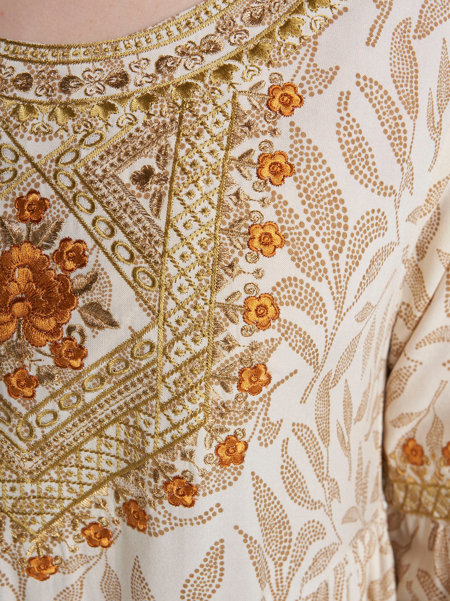 Cream Colour Machine Embroidery Rayon Leaf Printed Jalabiya (VG3180) - Image 5