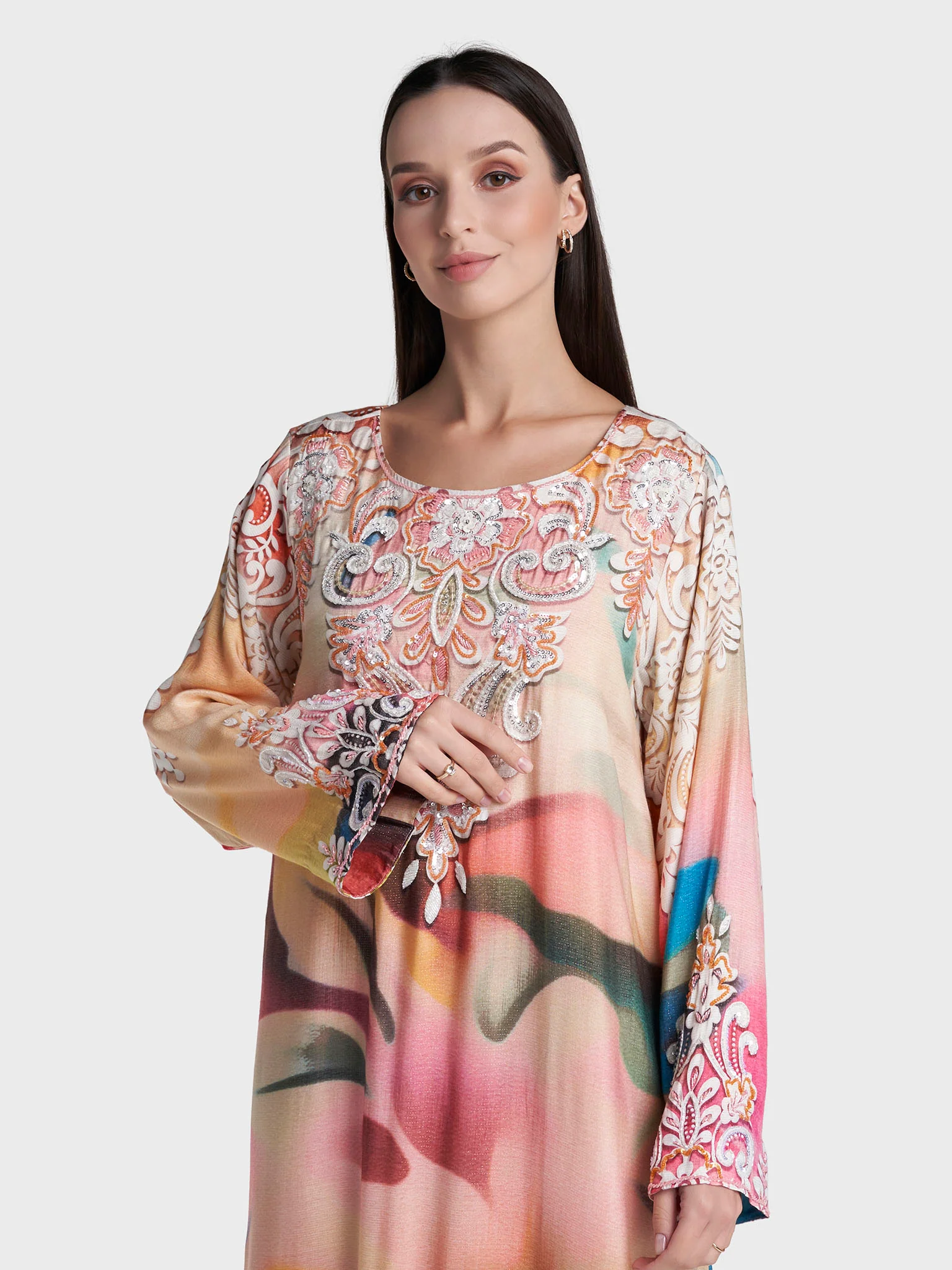 Multi Colour Abstract Print Viscose Crepe Hand Work Jalabiya (VDD06)