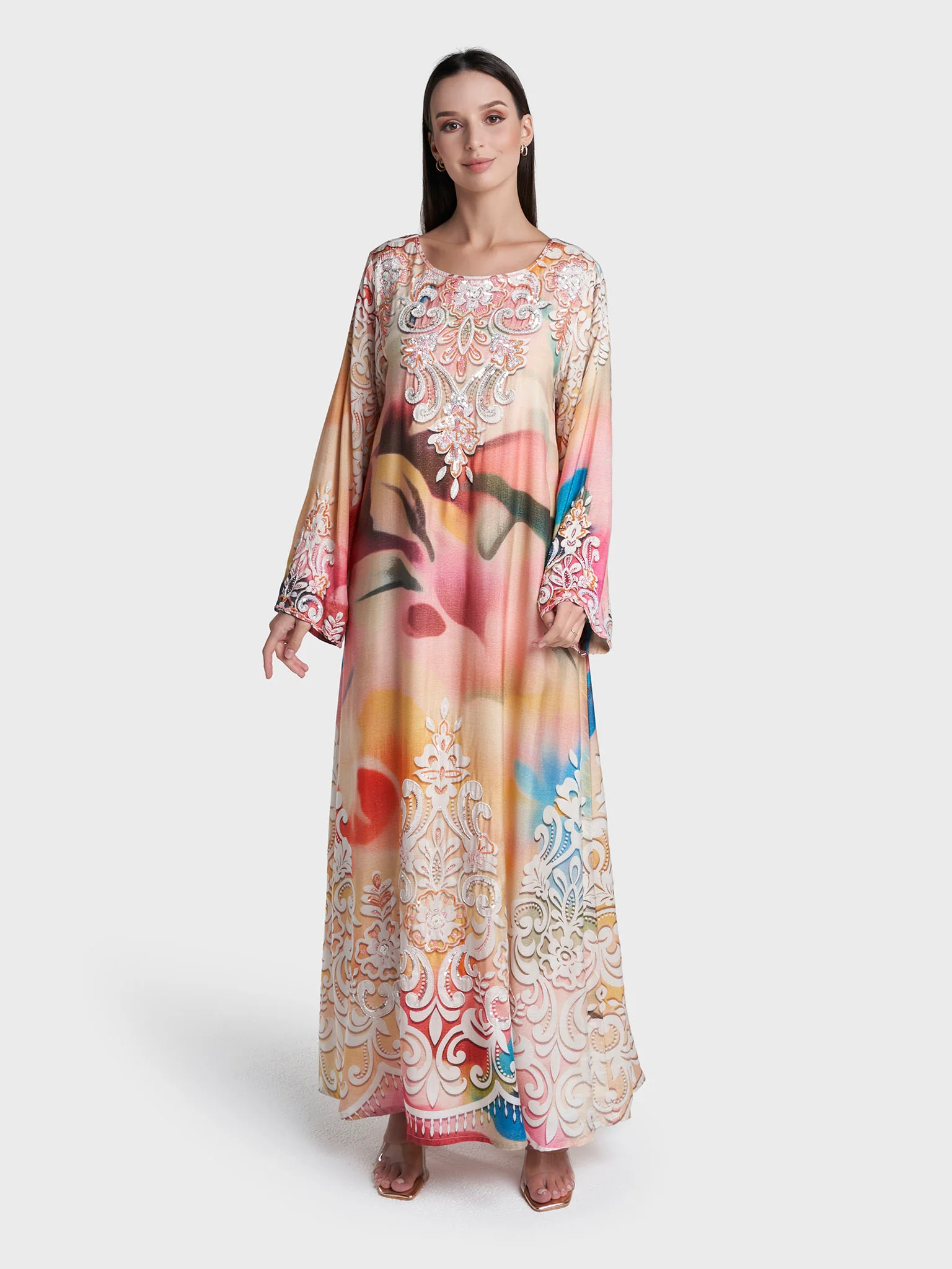 Multi Colour Abstract Print Viscose Crepe Hand Work Jalabiya (VDD06) - Image 2