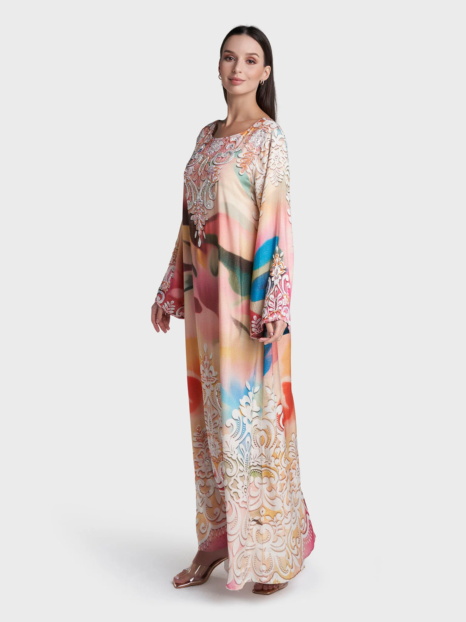 Multi Colour Abstract Print Viscose Crepe Hand Work Jalabiya (VDD06) - Image 3