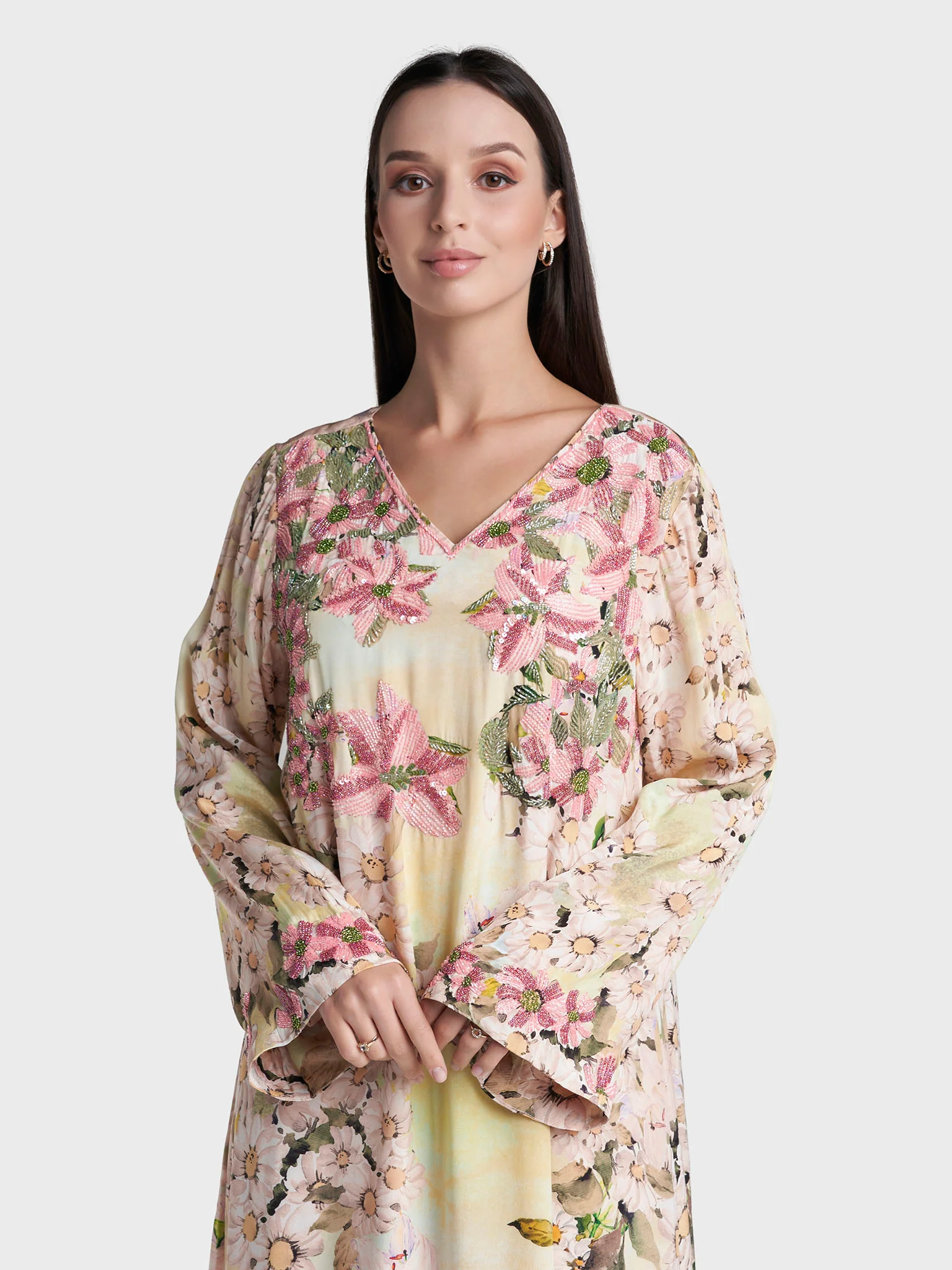 Beige Colour Floral Print Viscose Crepe Hand Work Jalabiya (VDD09)