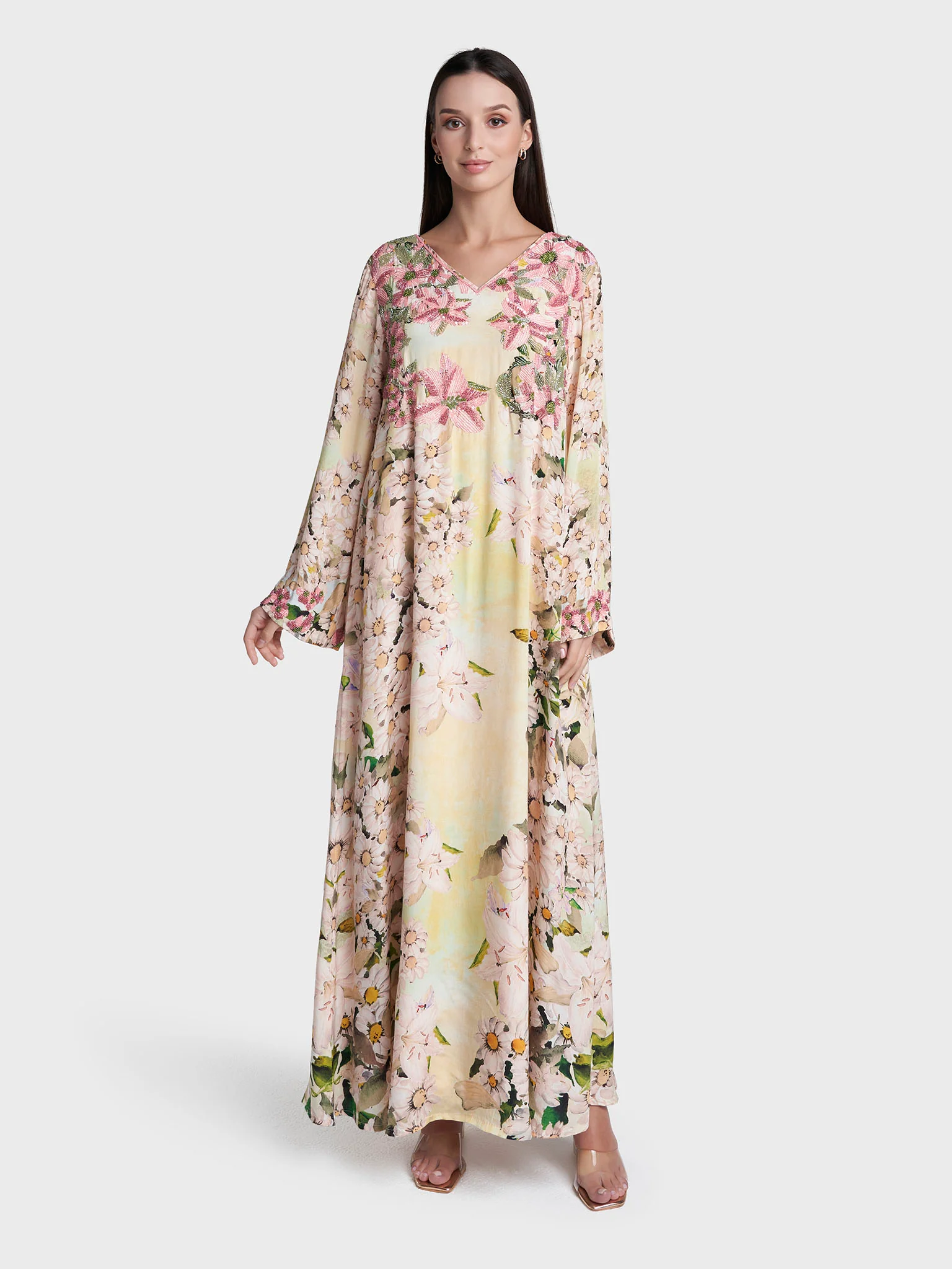 Beige Colour Floral Print Viscose Crepe Hand Work Jalabiya (VDD09) - Image 2