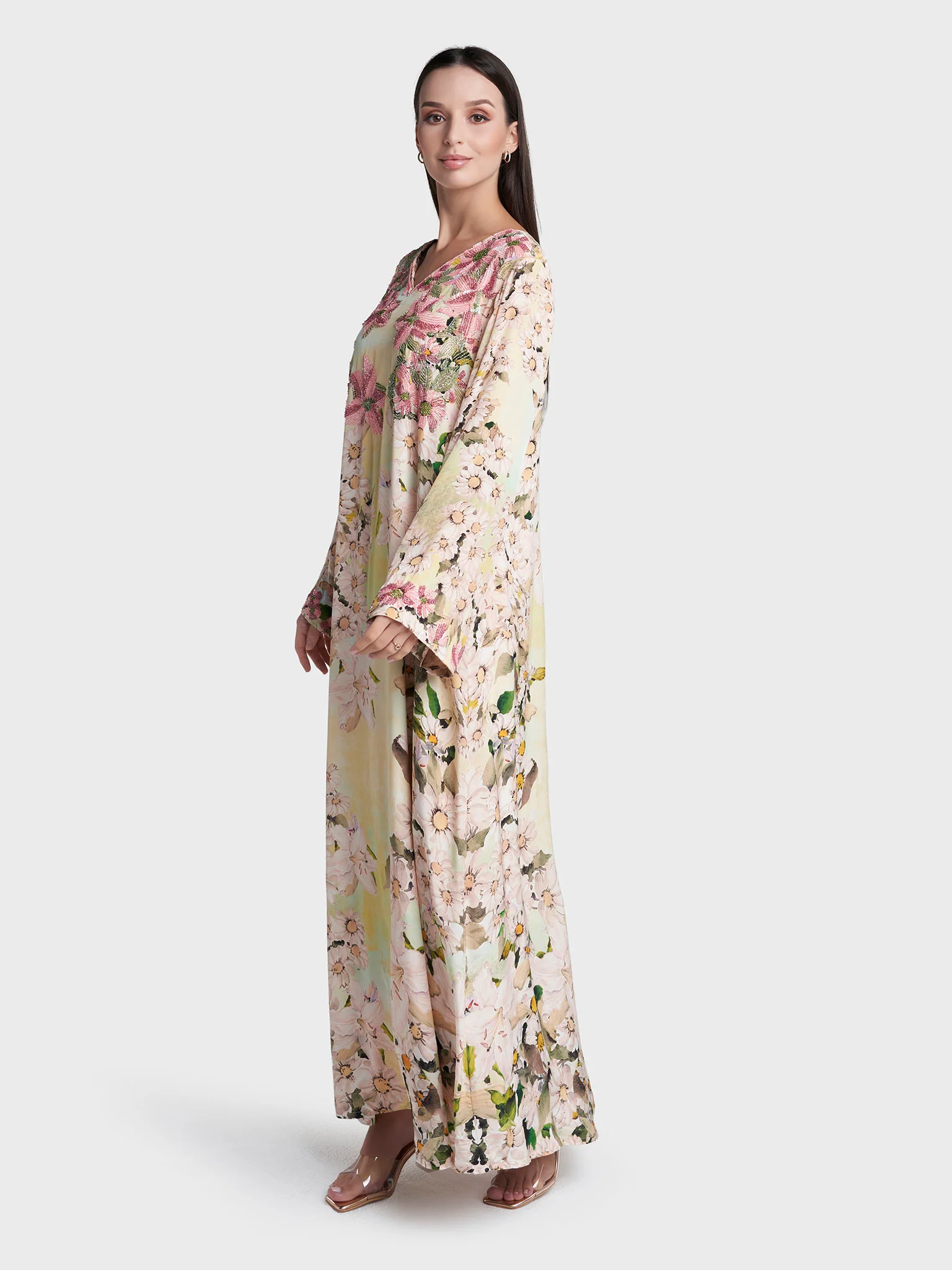 Beige Colour Floral Print Viscose Crepe Hand Work Jalabiya (VDD09) - Image 3