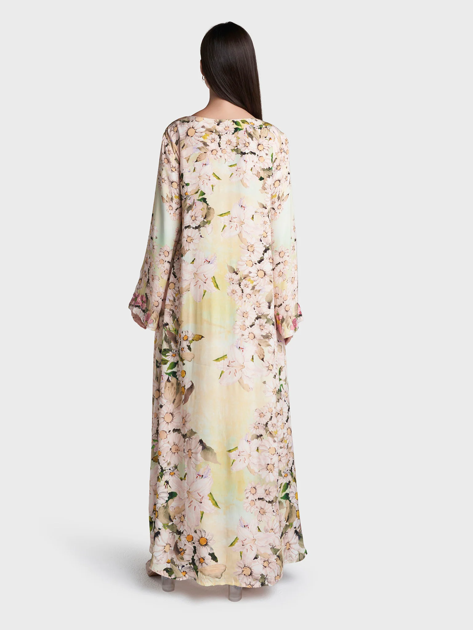 Beige Colour Floral Print Viscose Crepe Hand Work Jalabiya (VDD09) - Image 4
