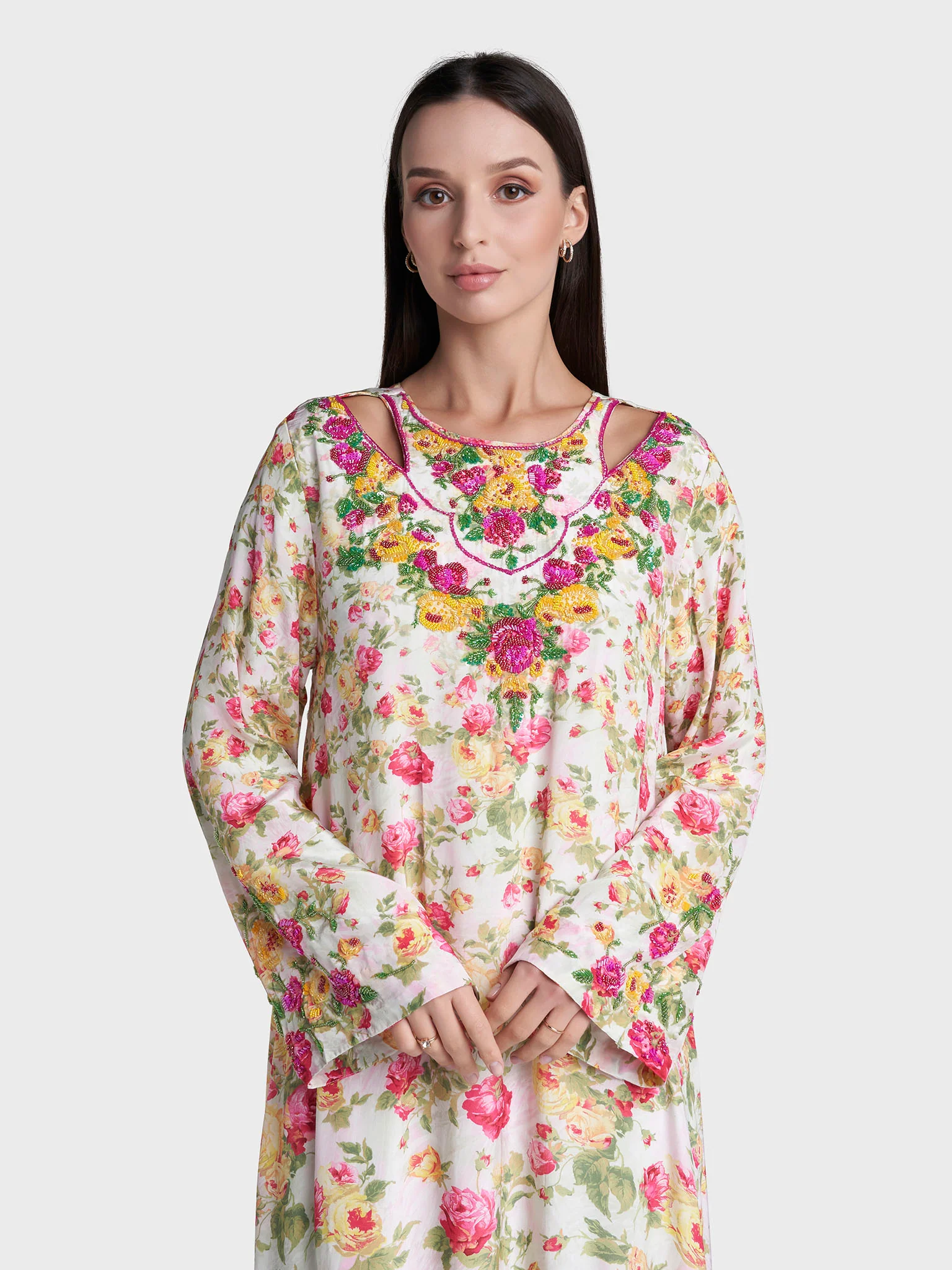 Multi Colour Floral Print Viscose Crepe Hand Work Jalabiya (VDE433)