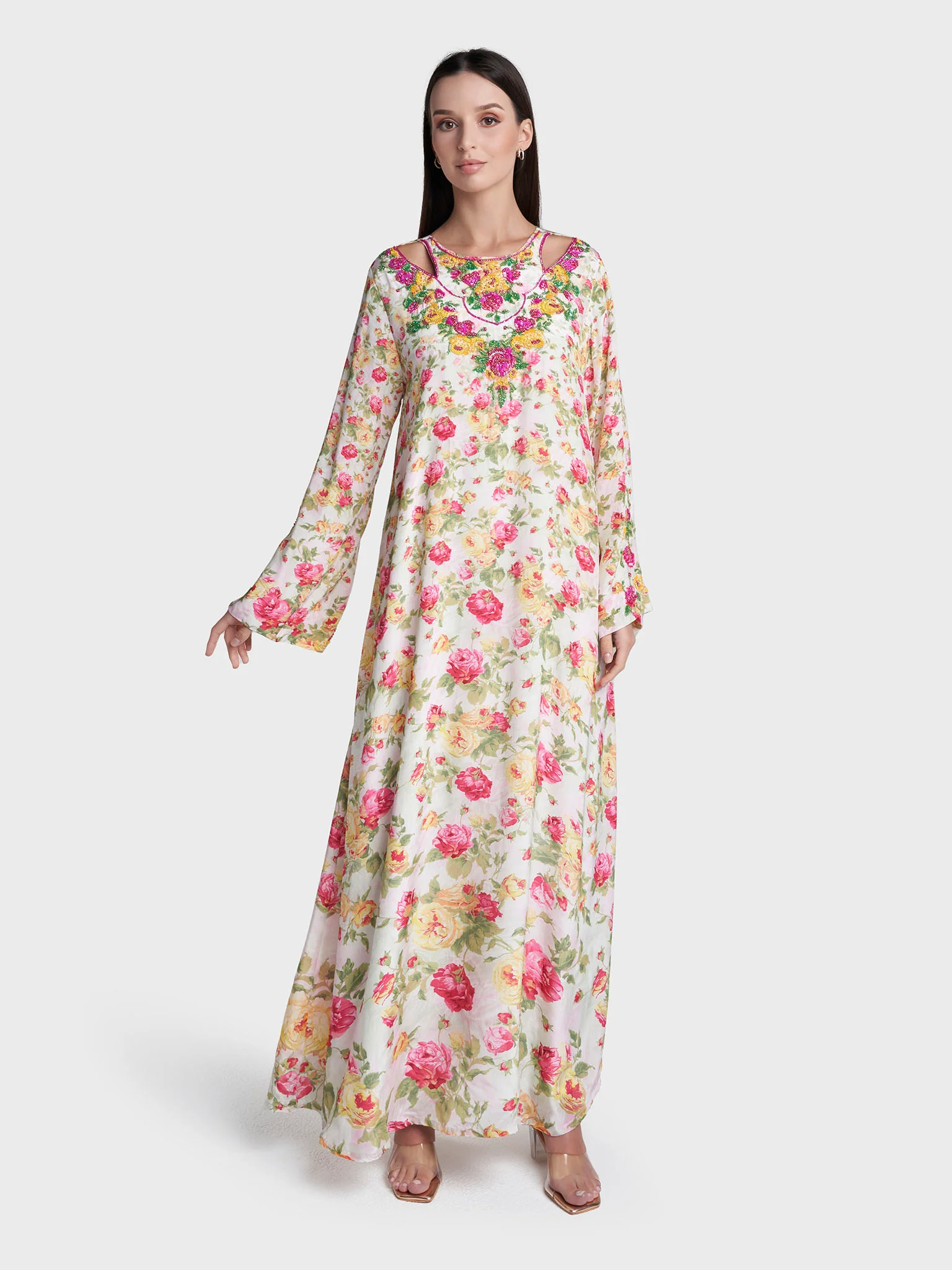 Multi Colour Floral Print Viscose Crepe Hand Work Jalabiya (VDE433) - Image 2