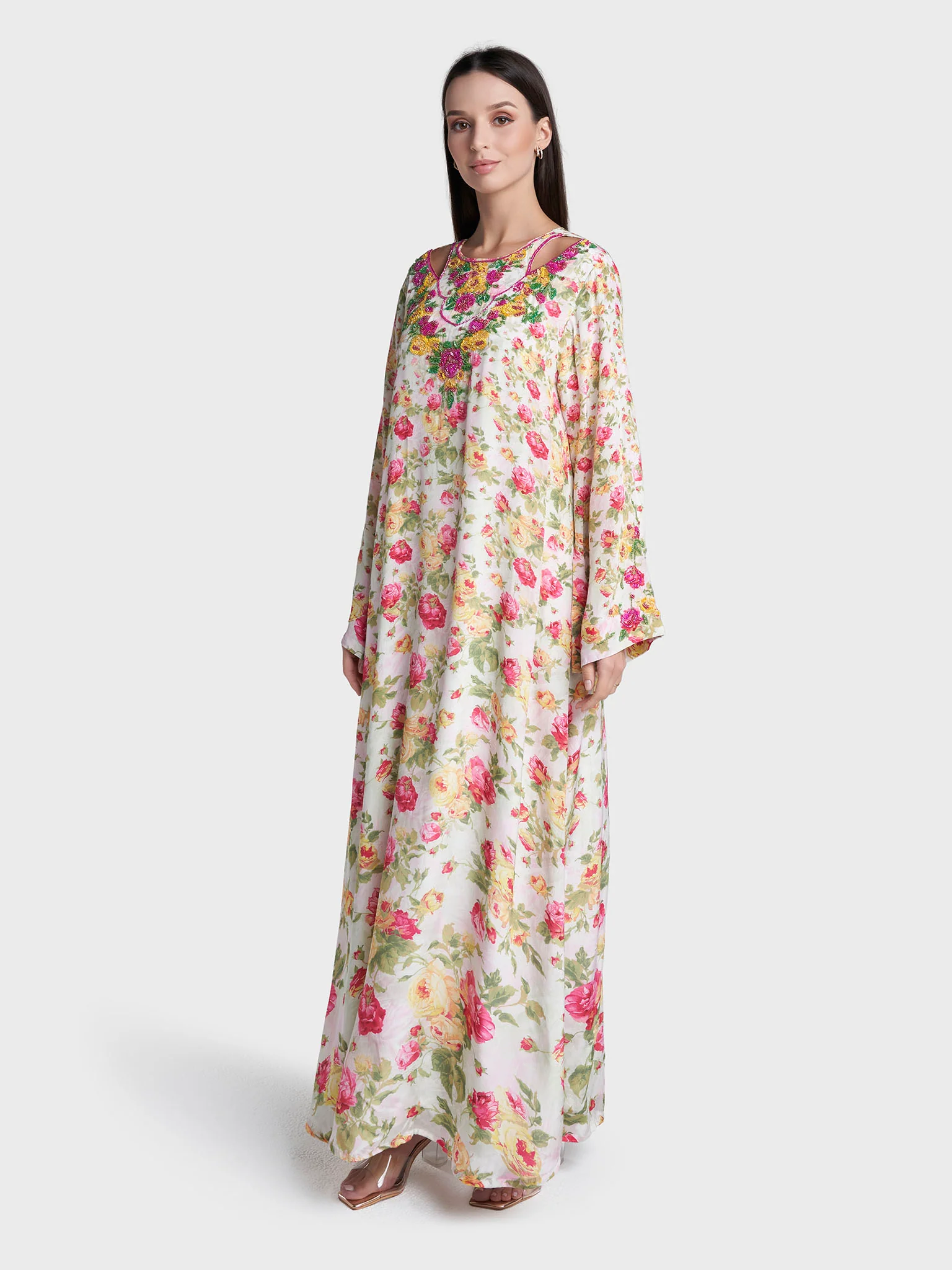 Multi Colour Floral Print Viscose Crepe Hand Work Jalabiya (VDE433) - Image 3