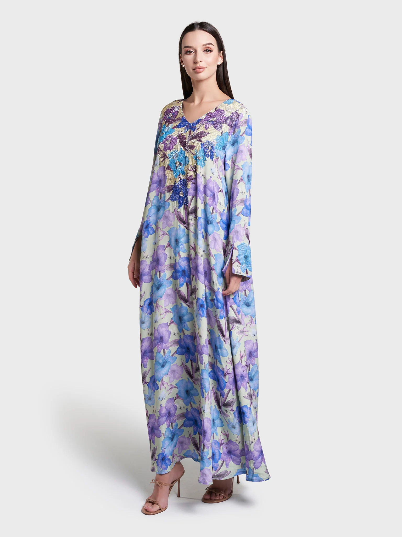 Blue Colour Floral Printed Viscose Hand Work Jalabiya (VDK393) - Image 3