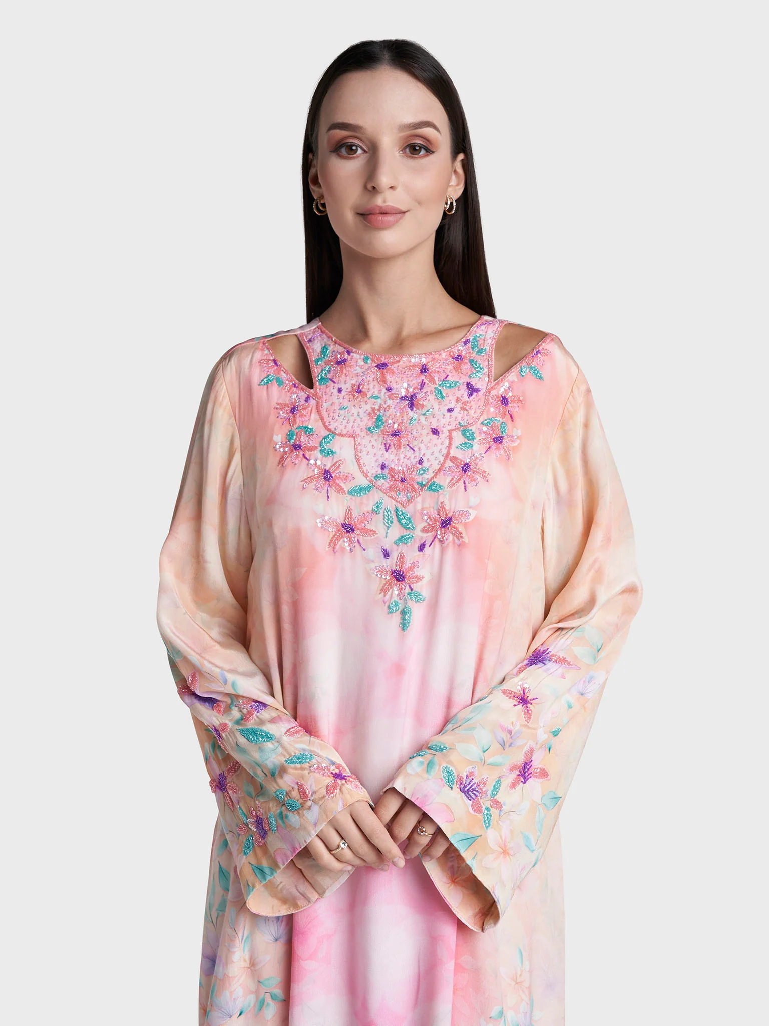 Peach Colour Floral Print Viscose Crepe Hand Work Jalabiya (VDK395)