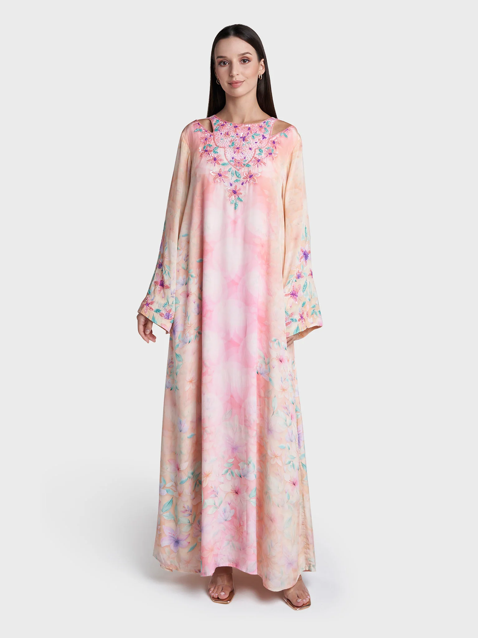 Peach Colour Floral Print Viscose Crepe Hand Work Jalabiya (VDK395) - Image 2