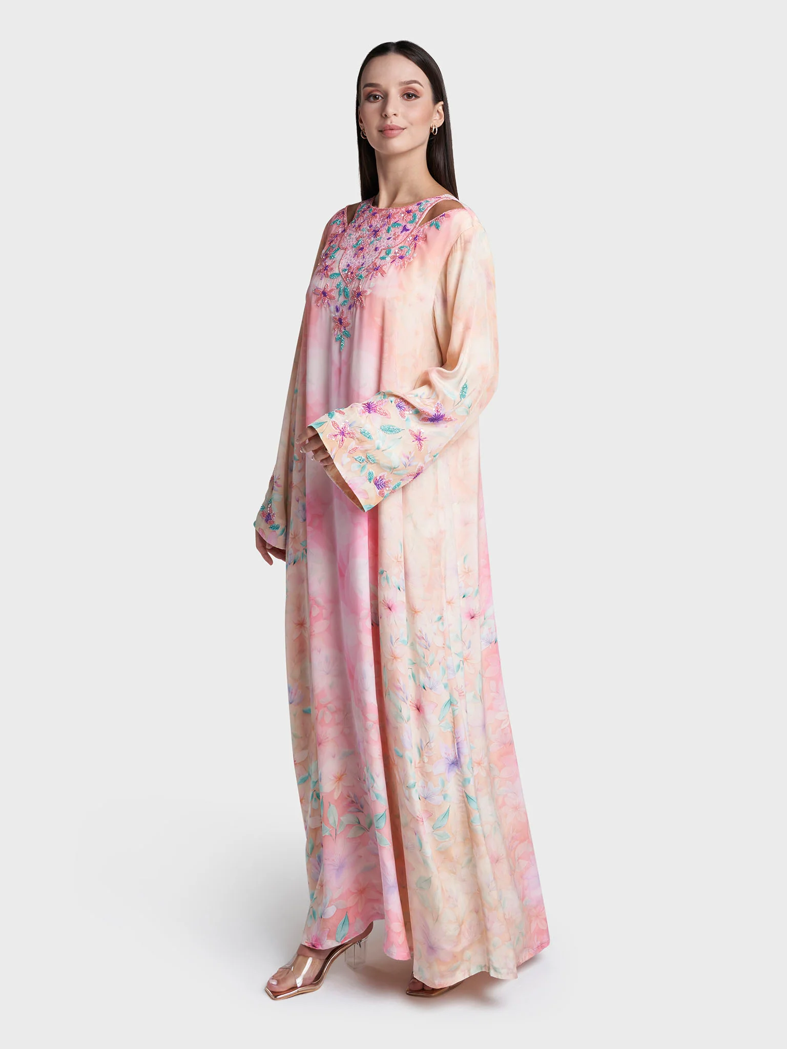 Peach Colour Floral Print Viscose Crepe Hand Work Jalabiya (VDK395) - Image 3