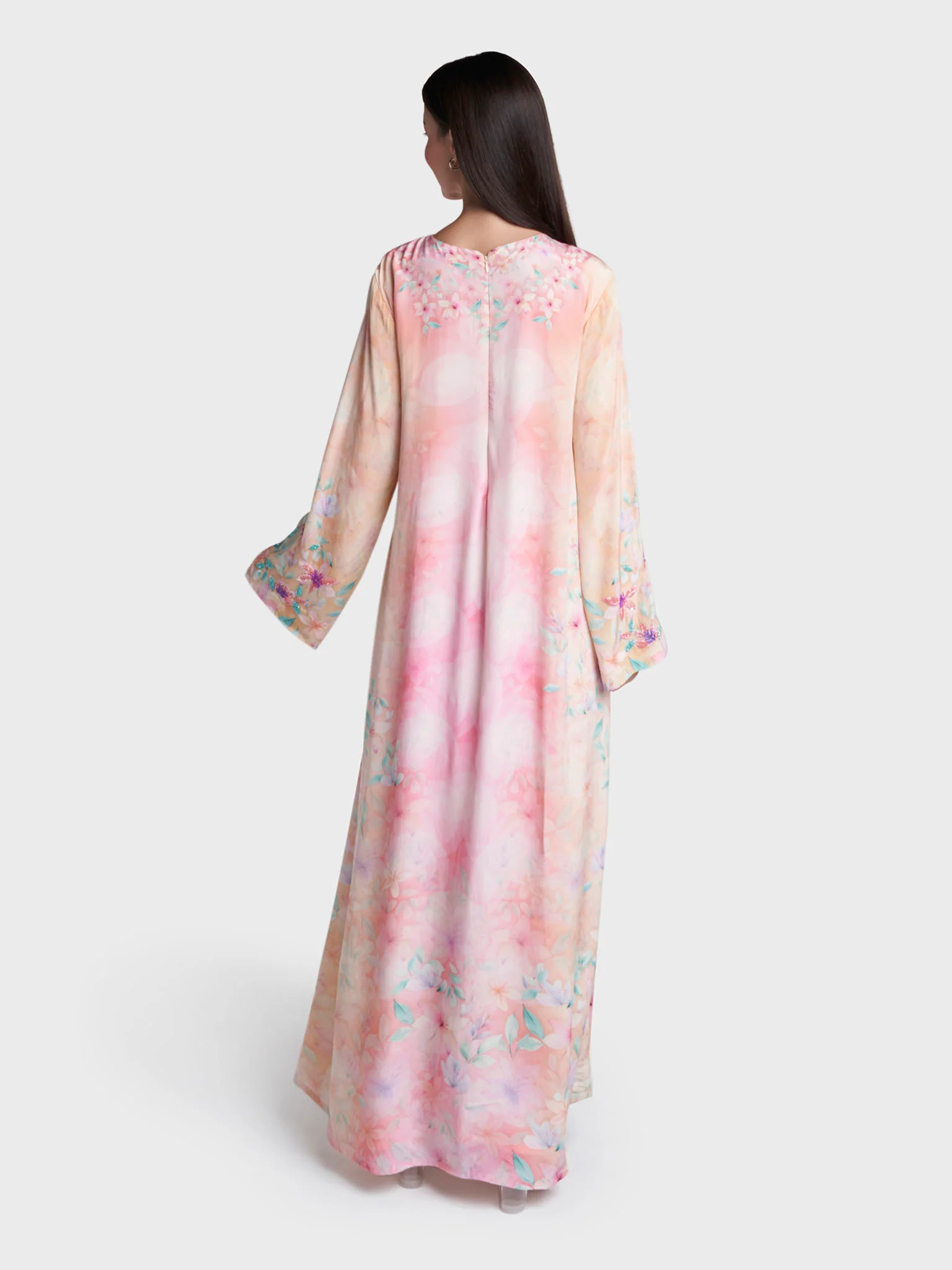 Peach Colour Floral Print Viscose Crepe Hand Work Jalabiya (VDK395) - Image 4