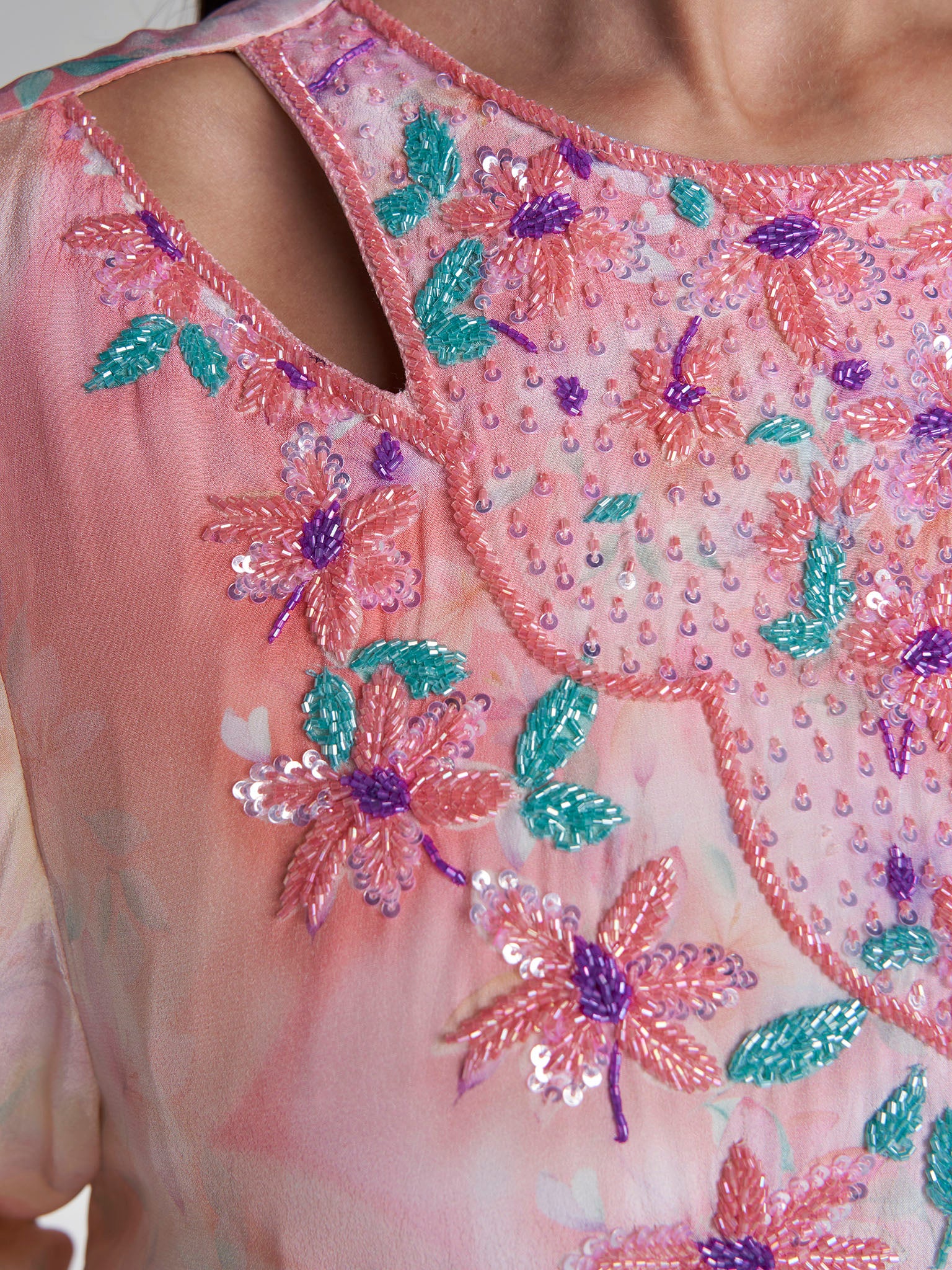 Peach Colour Floral Print Viscose Crepe Hand Work Jalabiya (VDK395) - Image 5