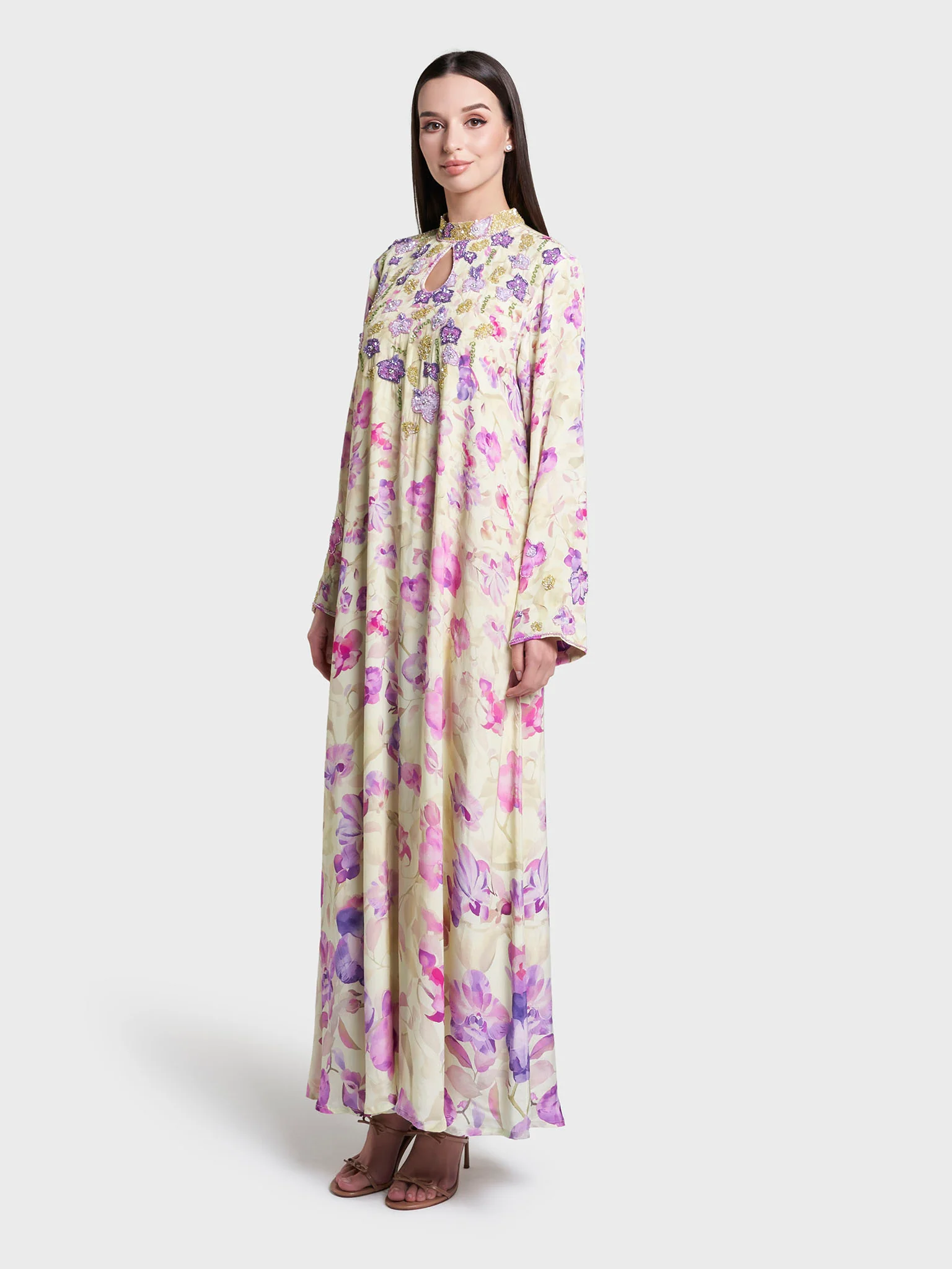 Lime Yellow Colour Floral Printed Viscose Hand Work Jalabiya (VDK403) - Image 3