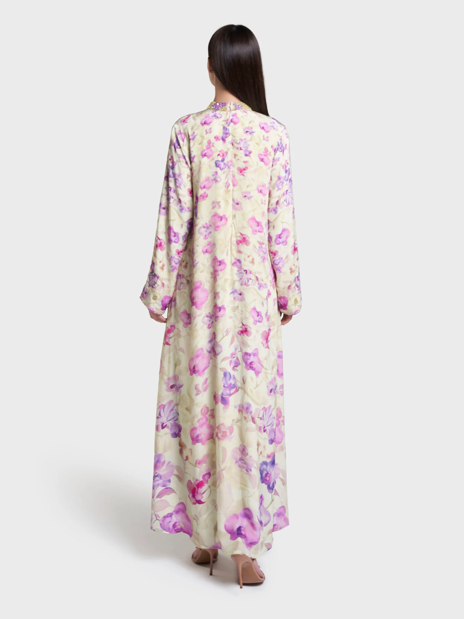 Lime Yellow Colour Floral Printed Viscose Hand Work Jalabiya (VDK403) - Image 4